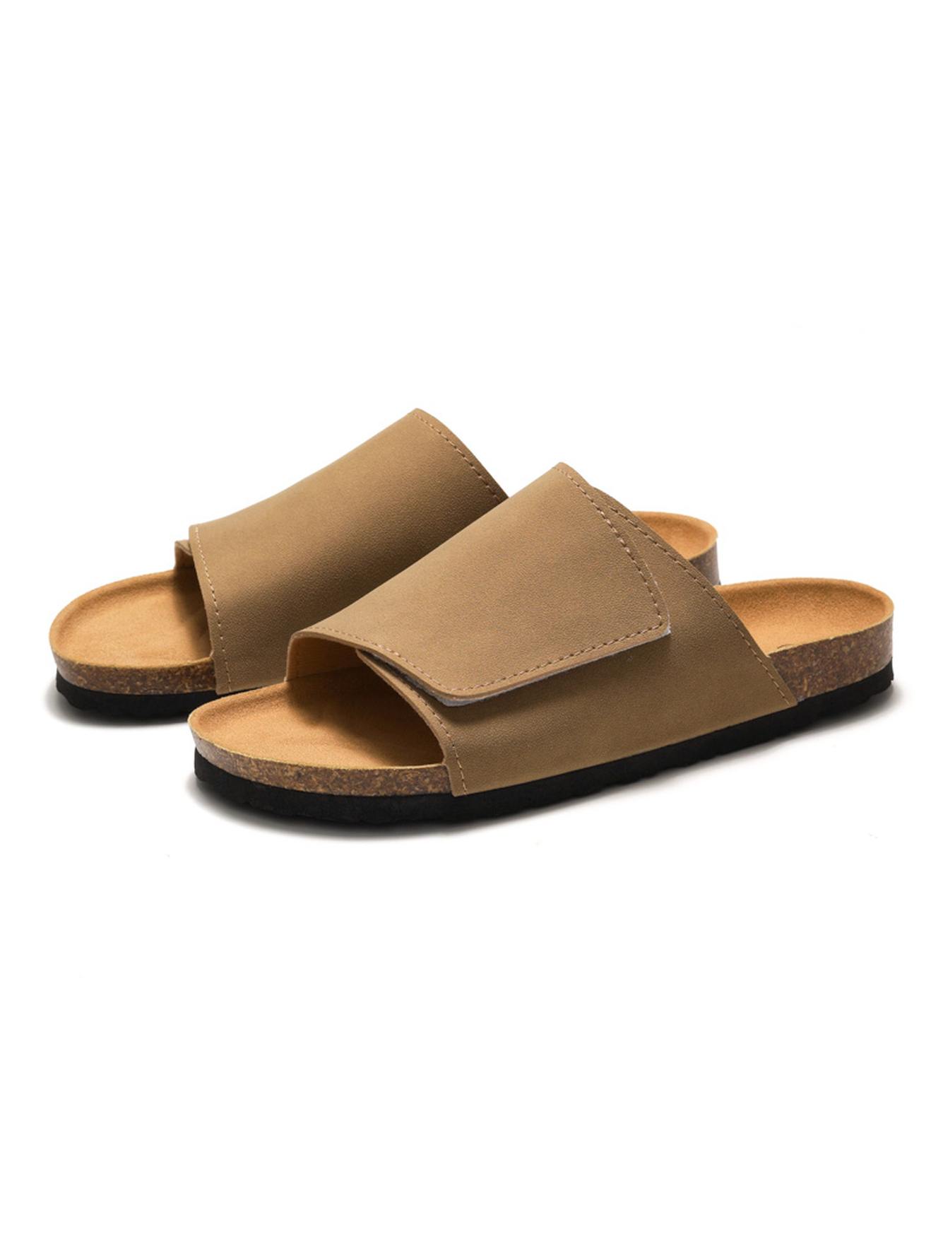 Beige Adjustable Strap Slide Sandals