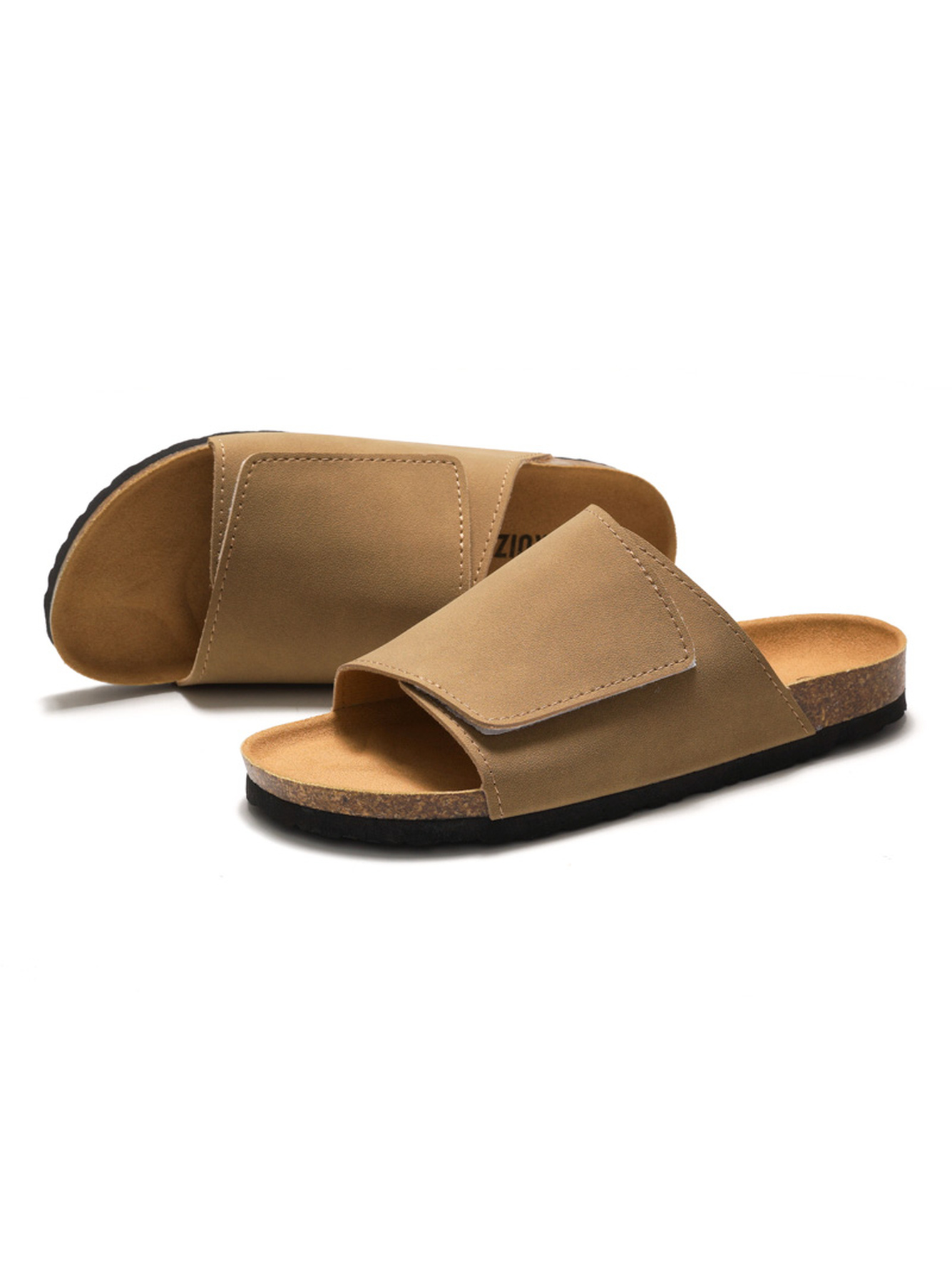 Beige Adjustable Strap Slide Sandals