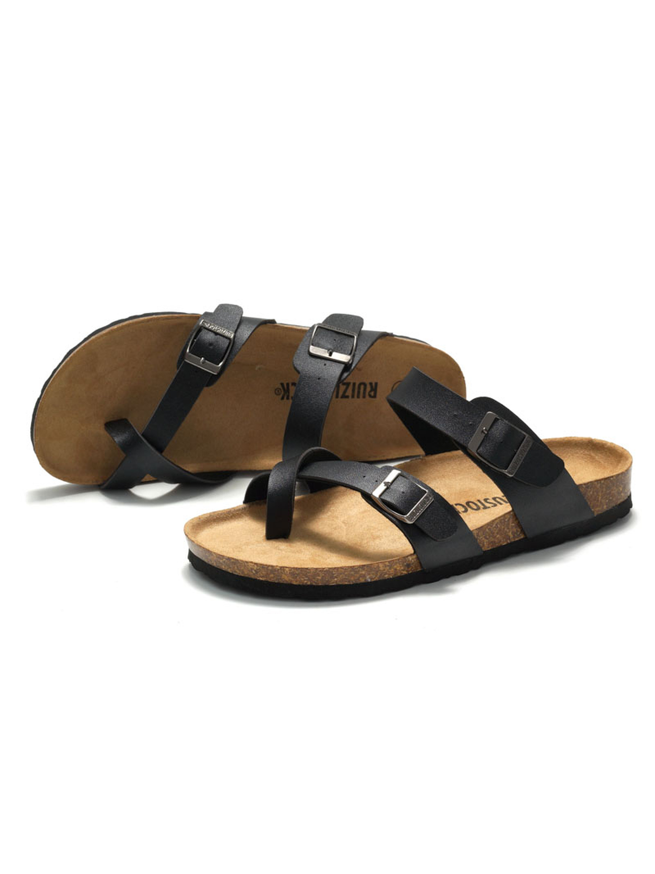 Black Comfort Cork Footbed Sandals - Adjustable Straps
