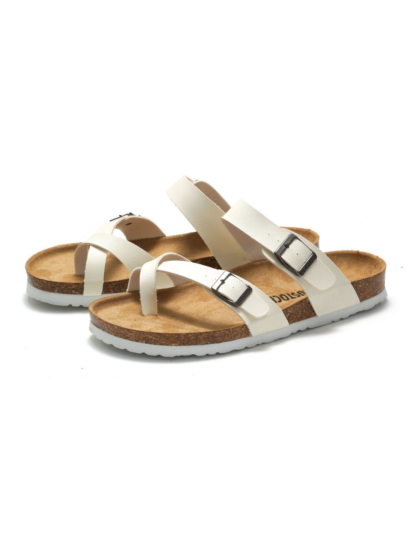 White Buckle Strap Cork Sole Flip-Flops