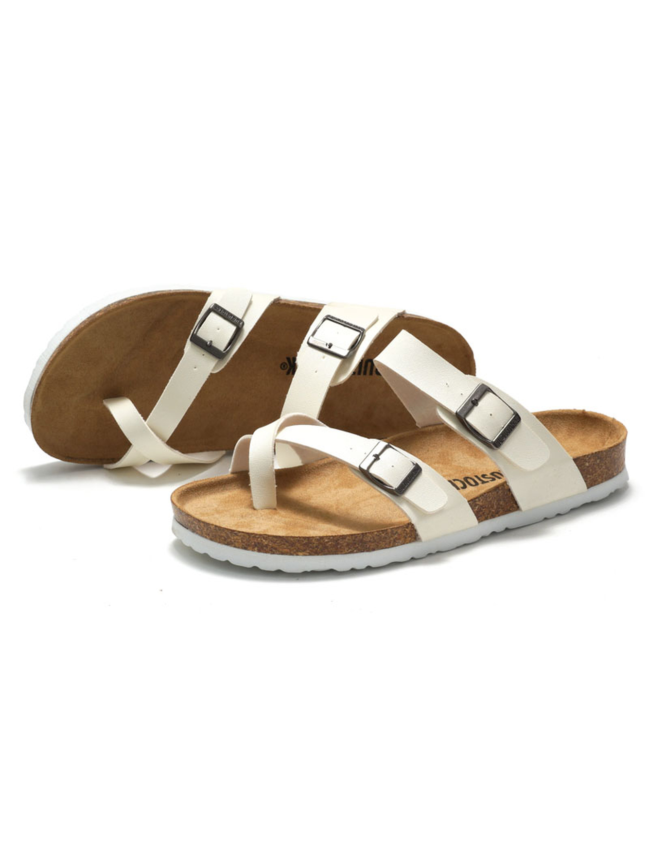 White Buckle Strap Cork Sole Flip-Flops
