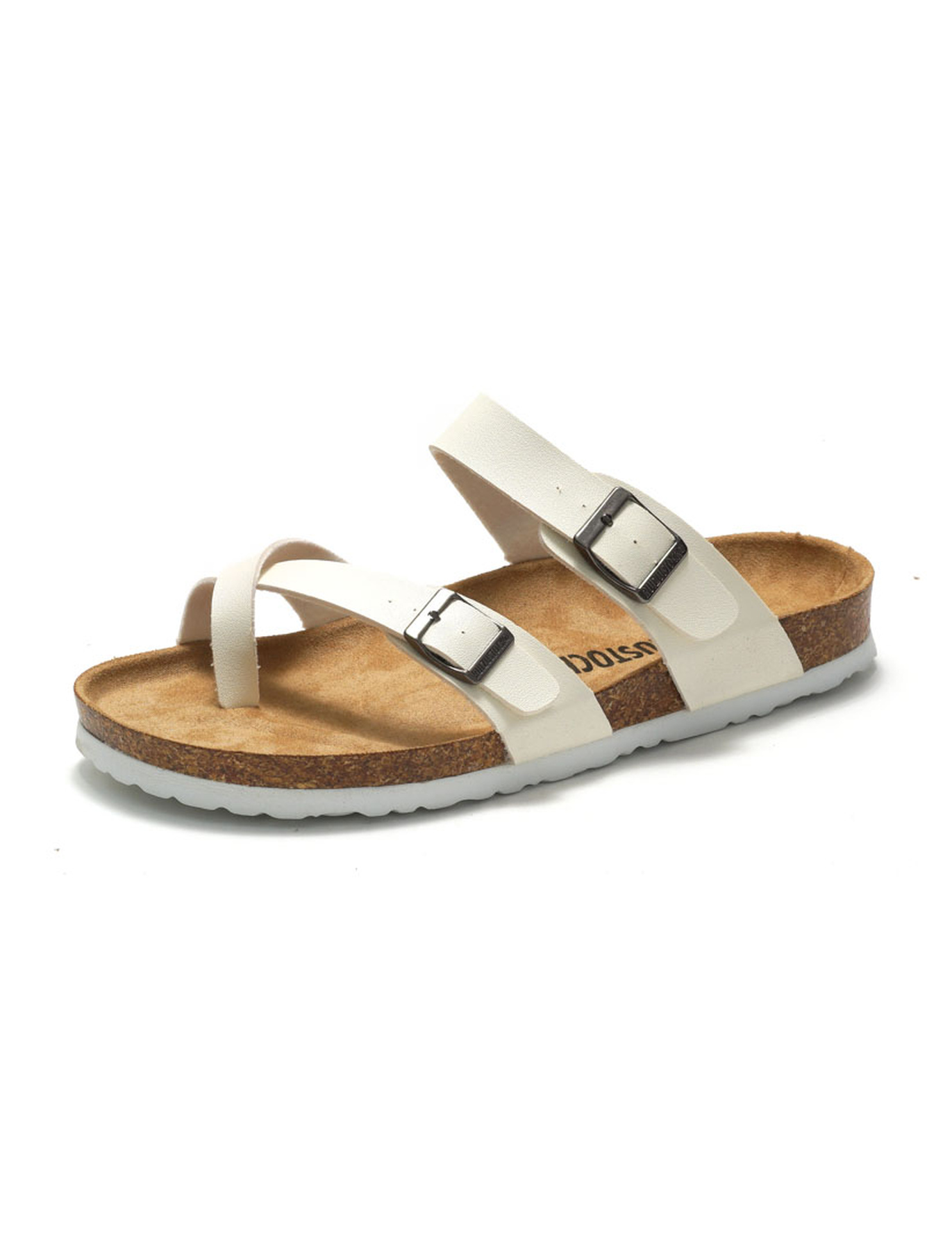 White Buckle Strap Cork Sole Flip-Flops