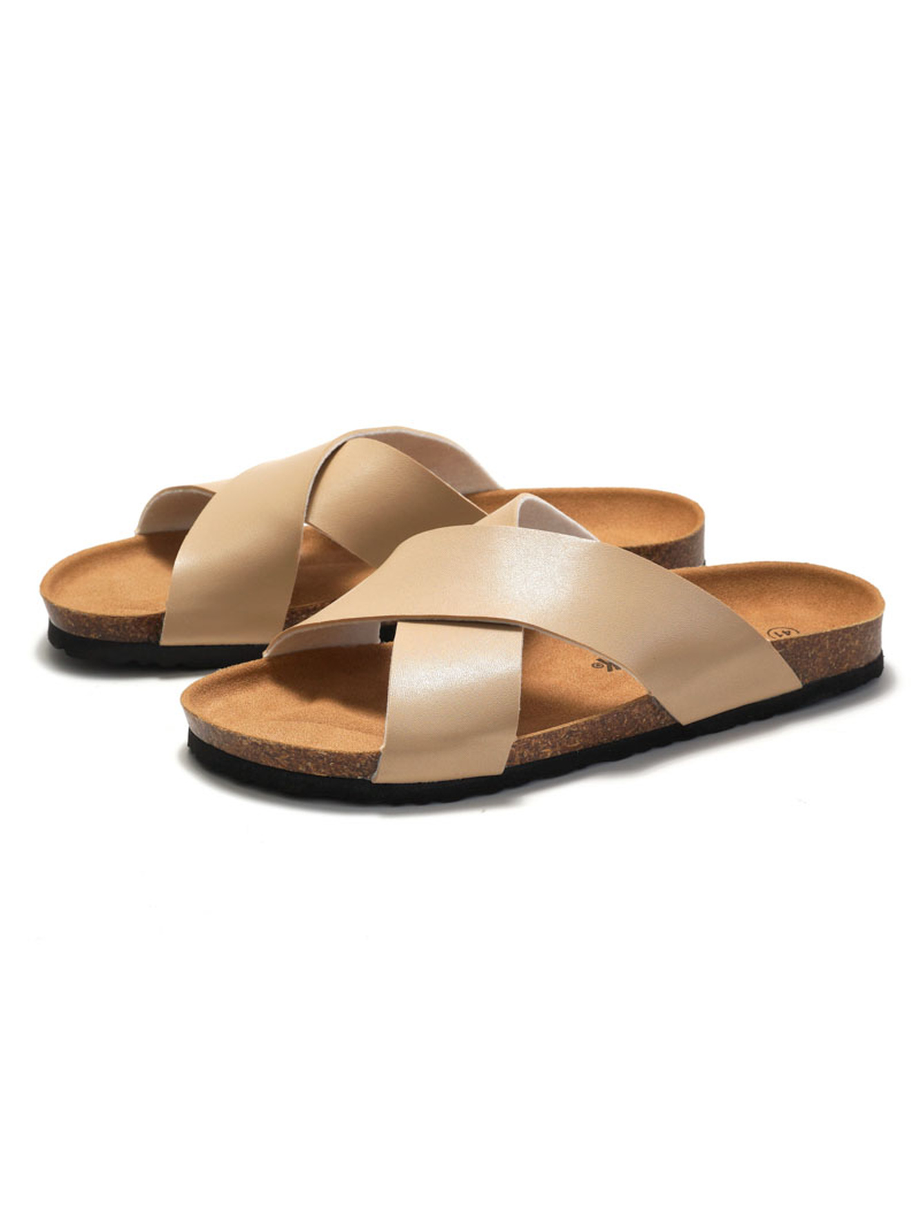 Beige Cross-Strap Comfort Slides