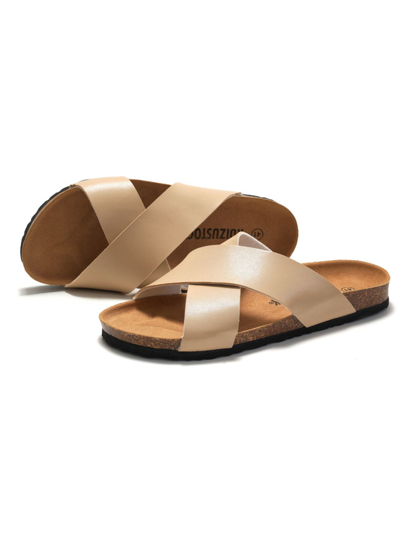 Beige Cross-Strap Comfort Slides
