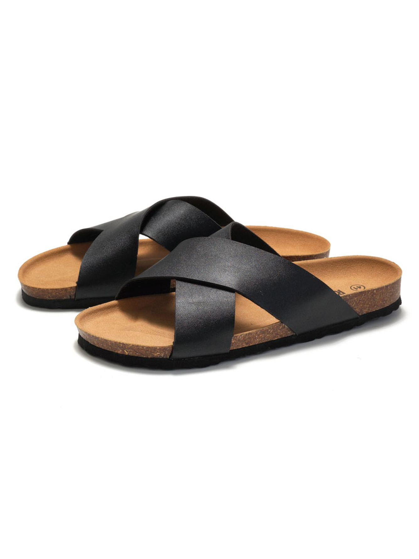 Black Cork-Sole Cross-Strap Sandals