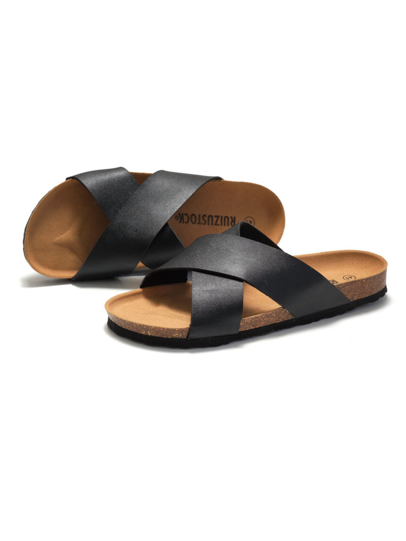 Black Cork-Sole Cross-Strap Sandals