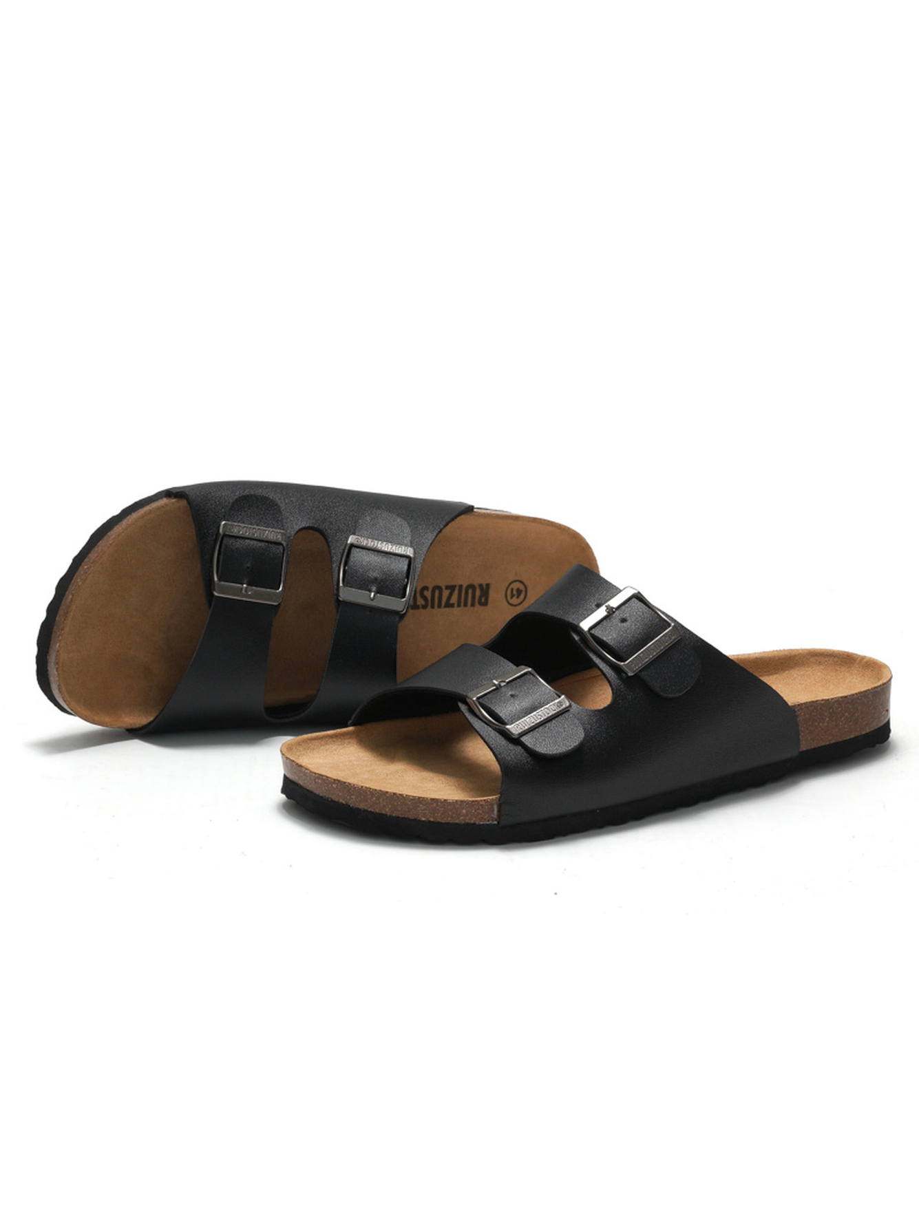 Black Adjustable Buckle Slip-On Sandals