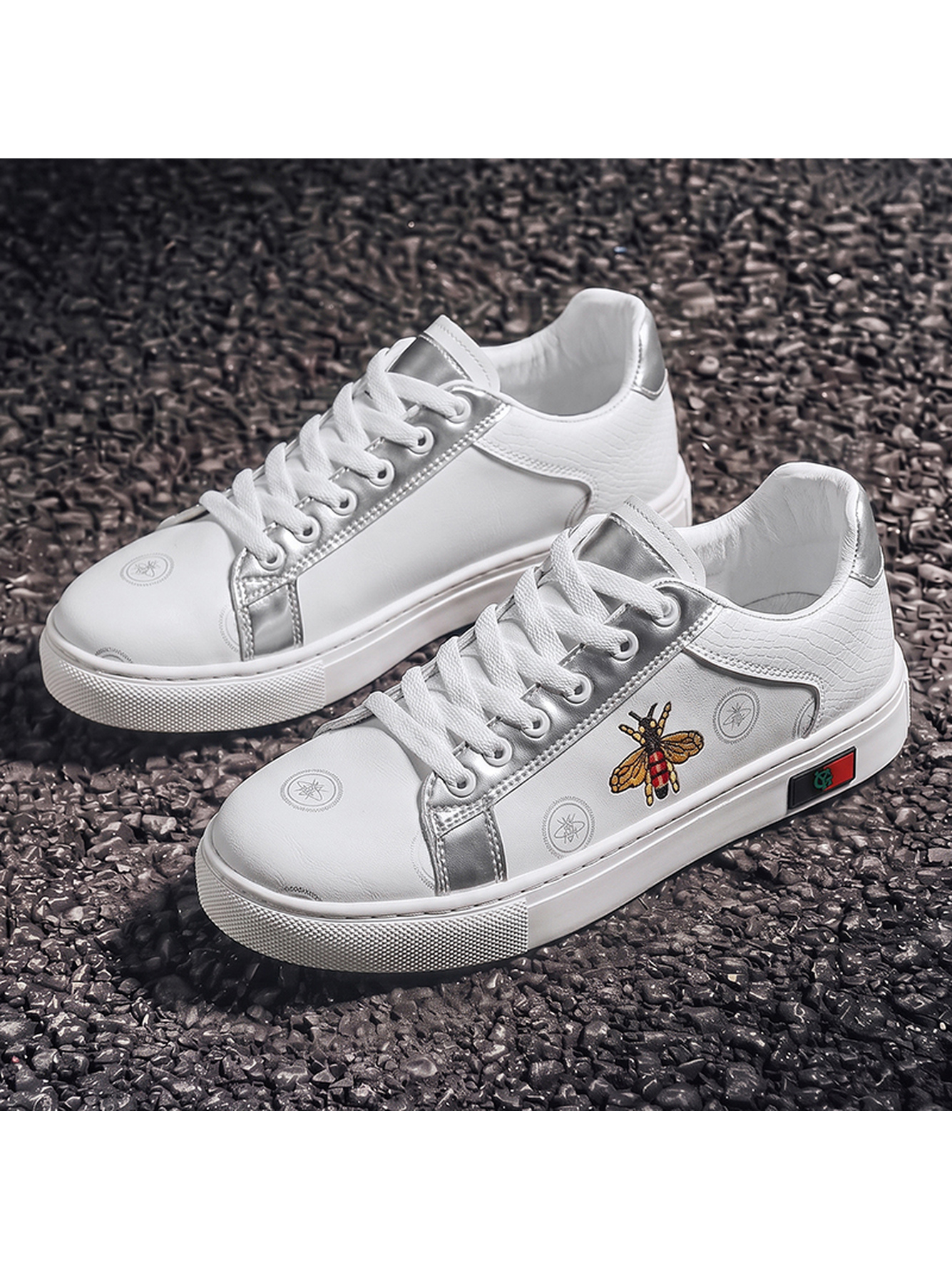 White Bee Embroidered Casual Sneakers