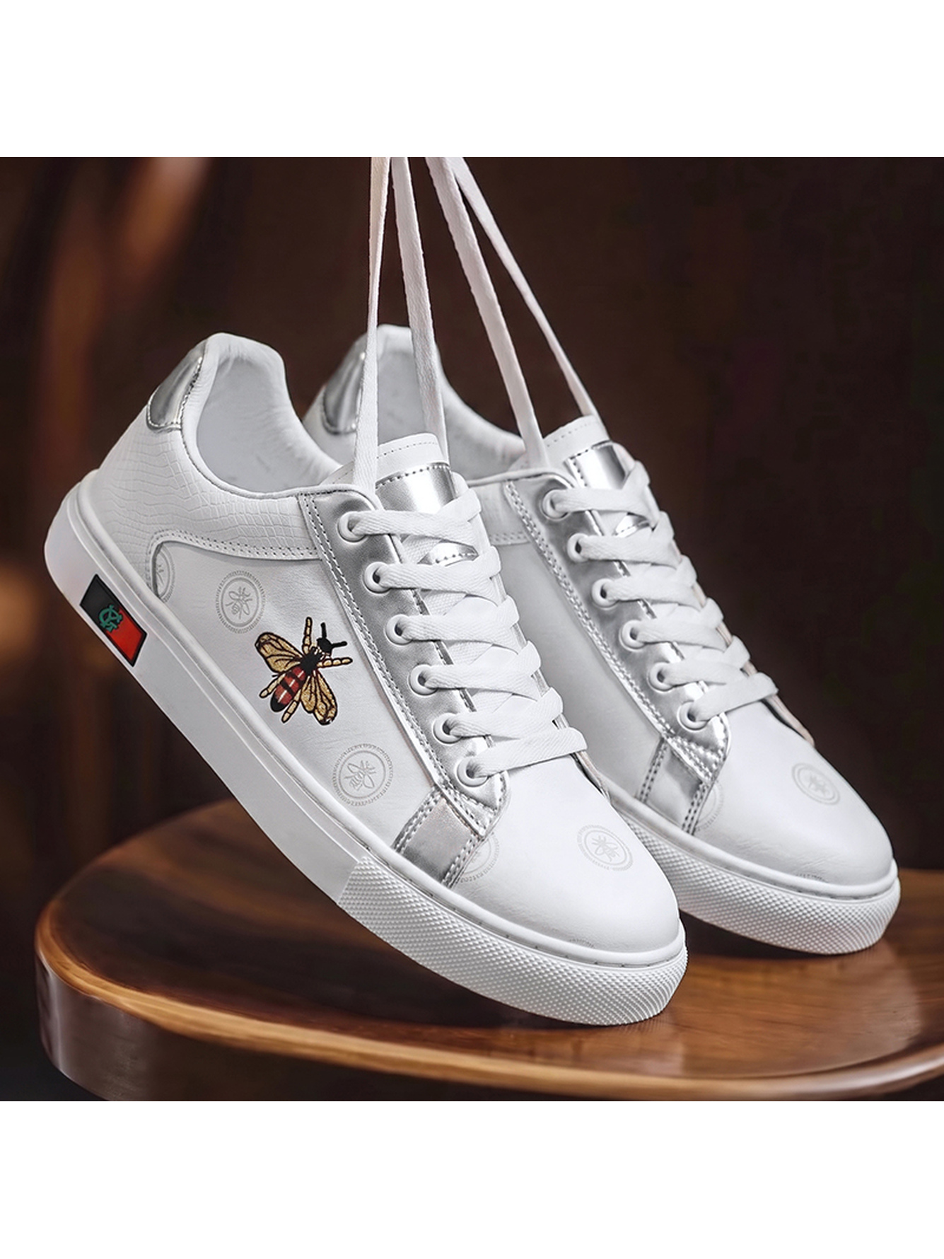 White Bee Embroidered Casual Sneakers