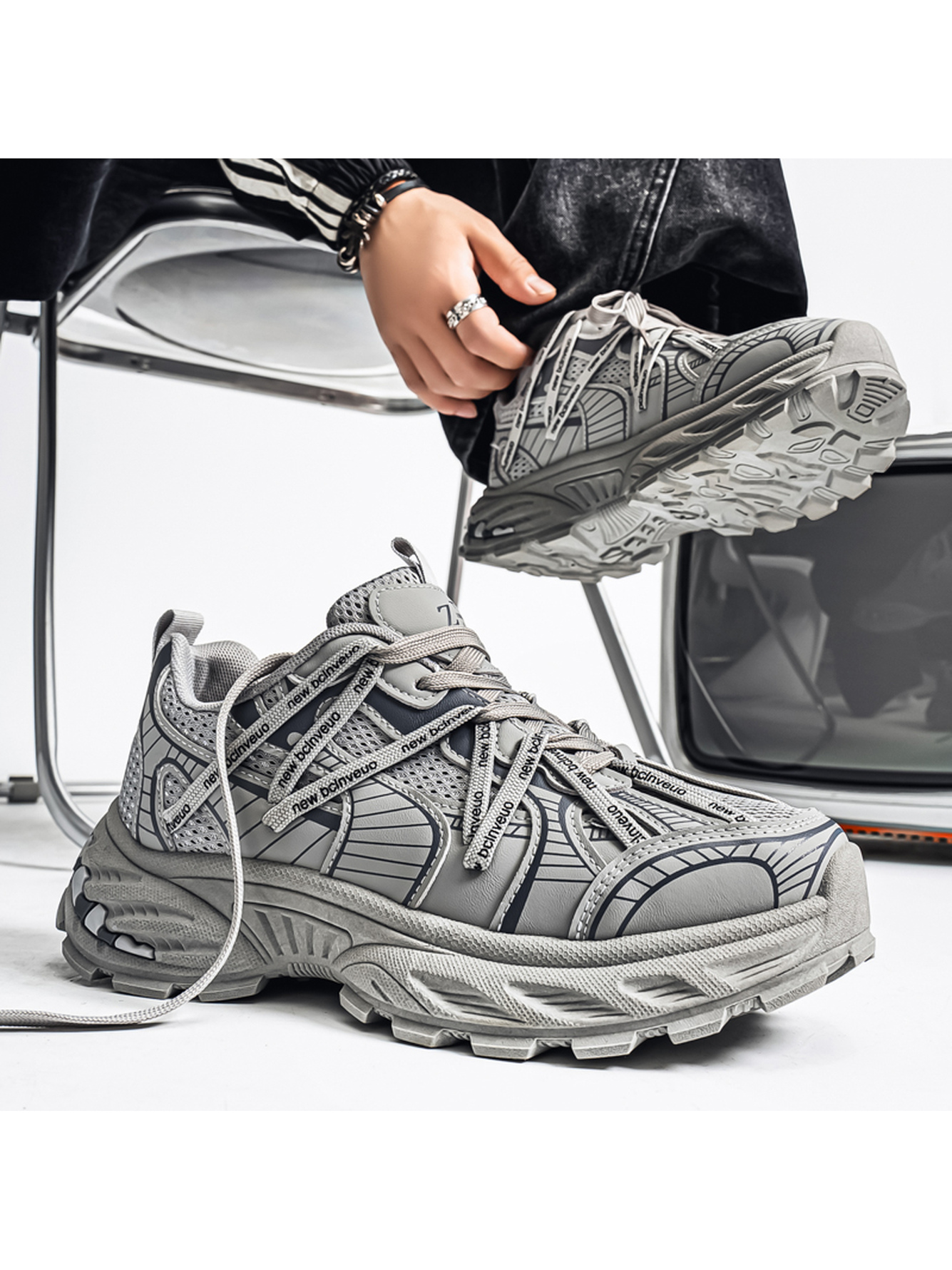 Grey Lace-Up Lightweight Athletic Sneakers