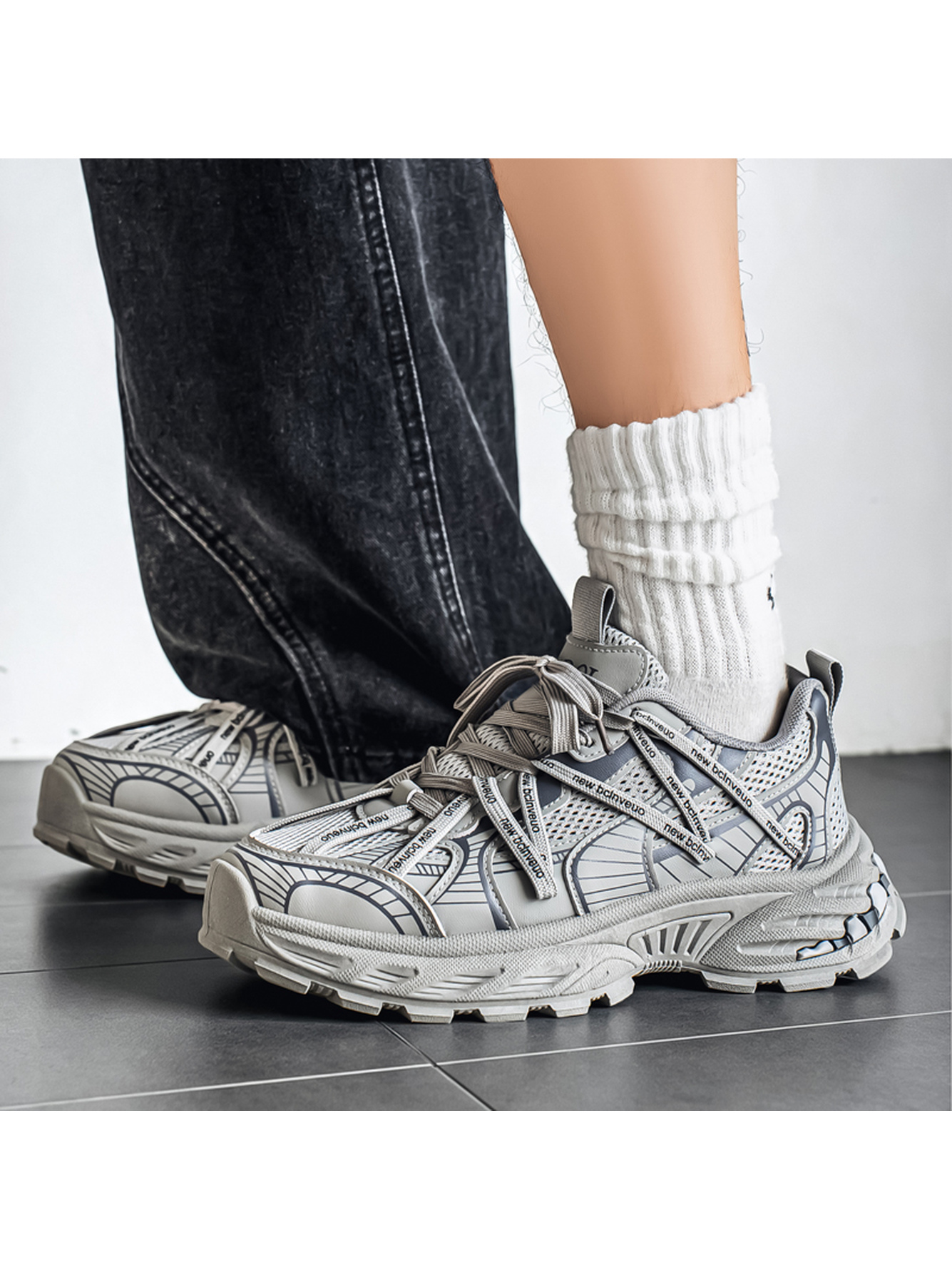 Grey Lace-Up Lightweight Athletic Sneakers