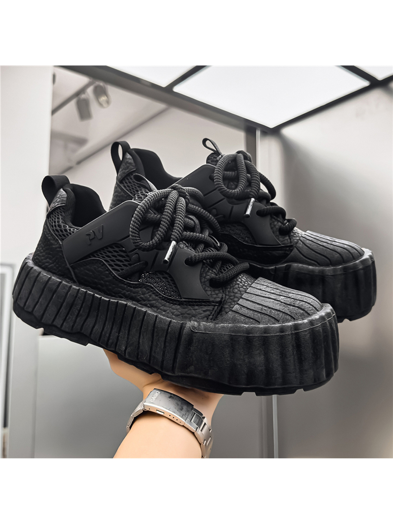 Black Solid Lace-Up Sport Sneakers