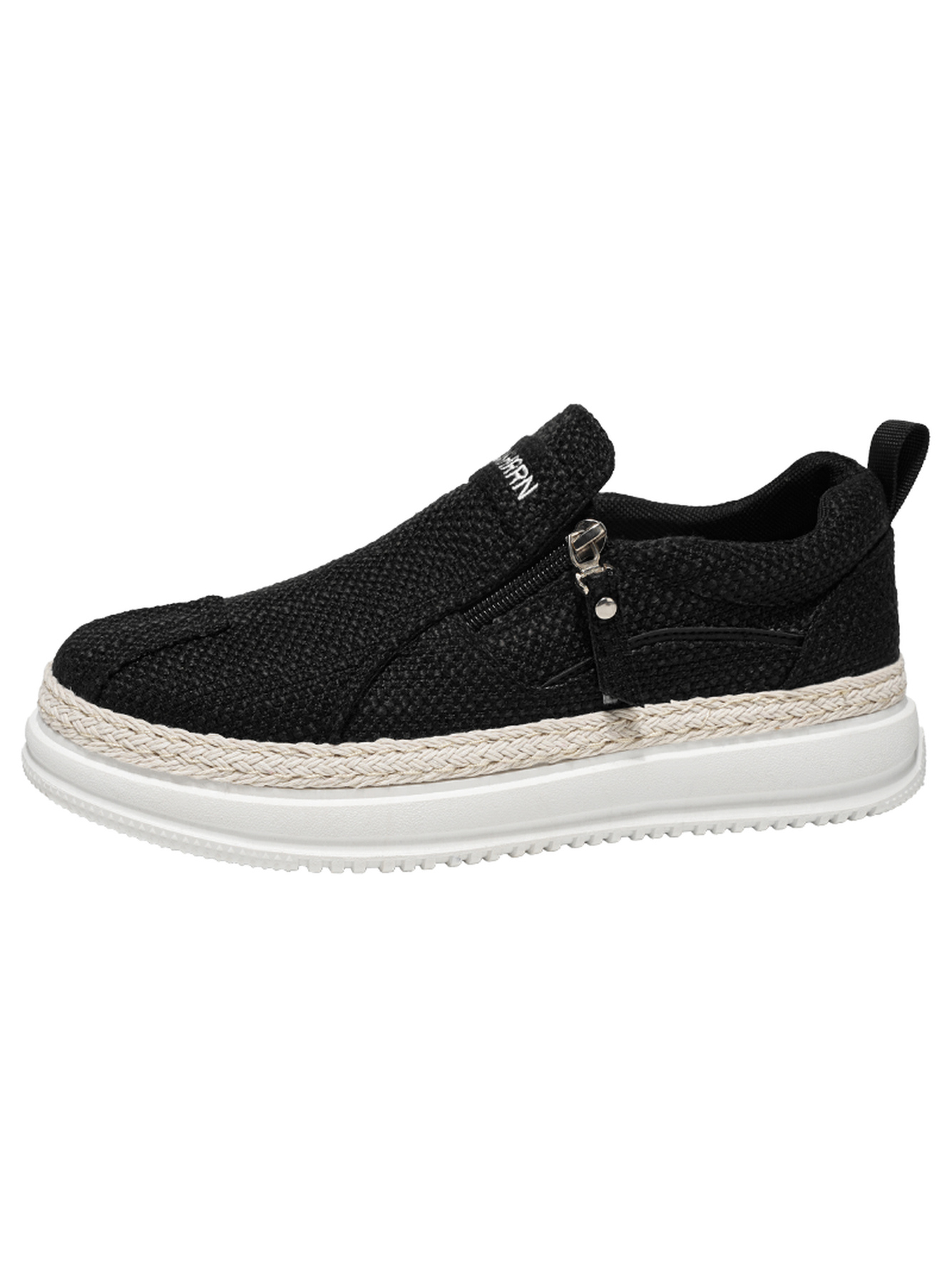 Black Slip-On Casual Shoes with Braided Espadrille Trim
