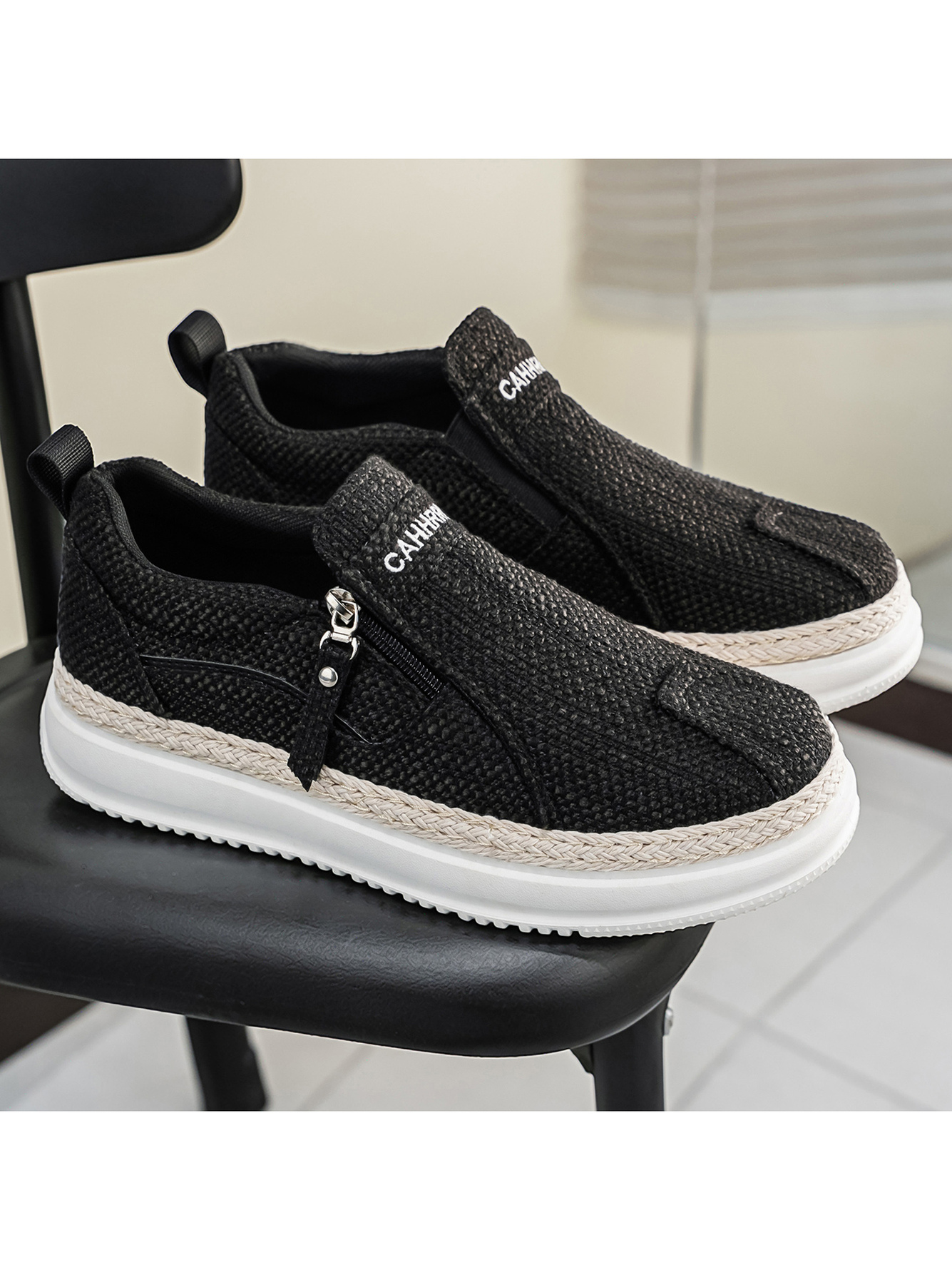 Black Slip-On Casual Shoes with Braided Espadrille Trim