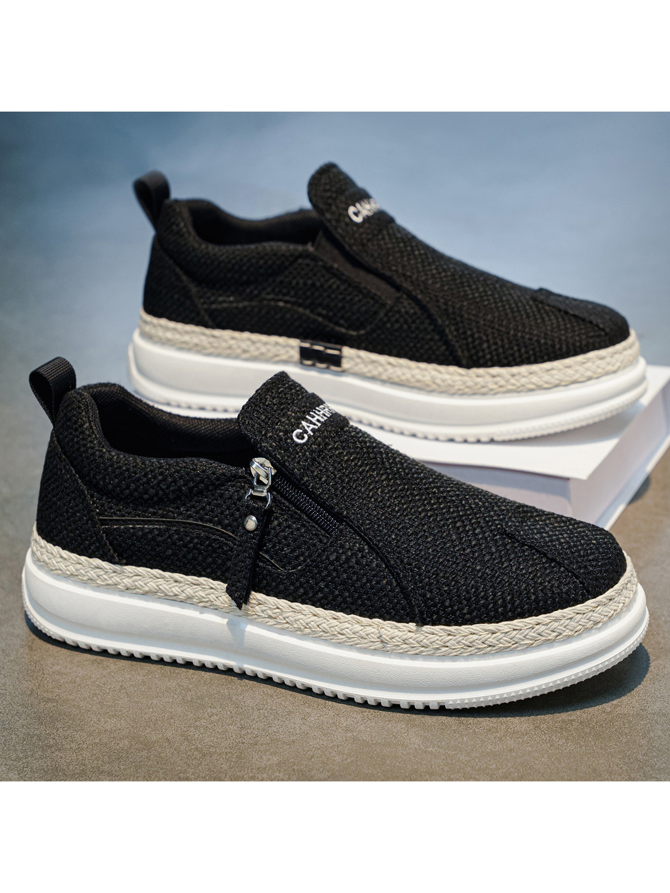 Black Slip-On Casual Shoes with Braided Espadrille Trim