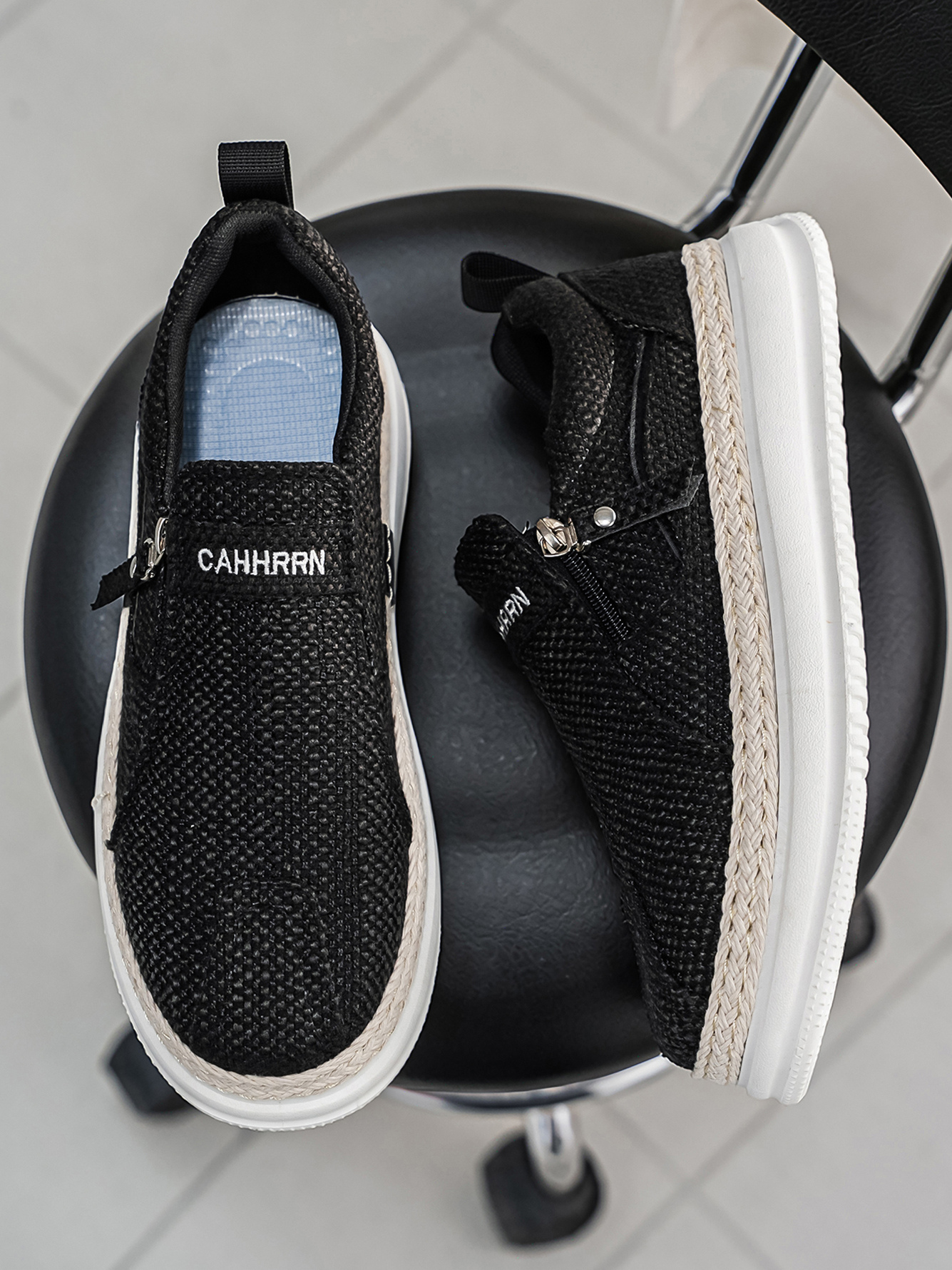 Black Slip-On Casual Shoes with Braided Espadrille Trim