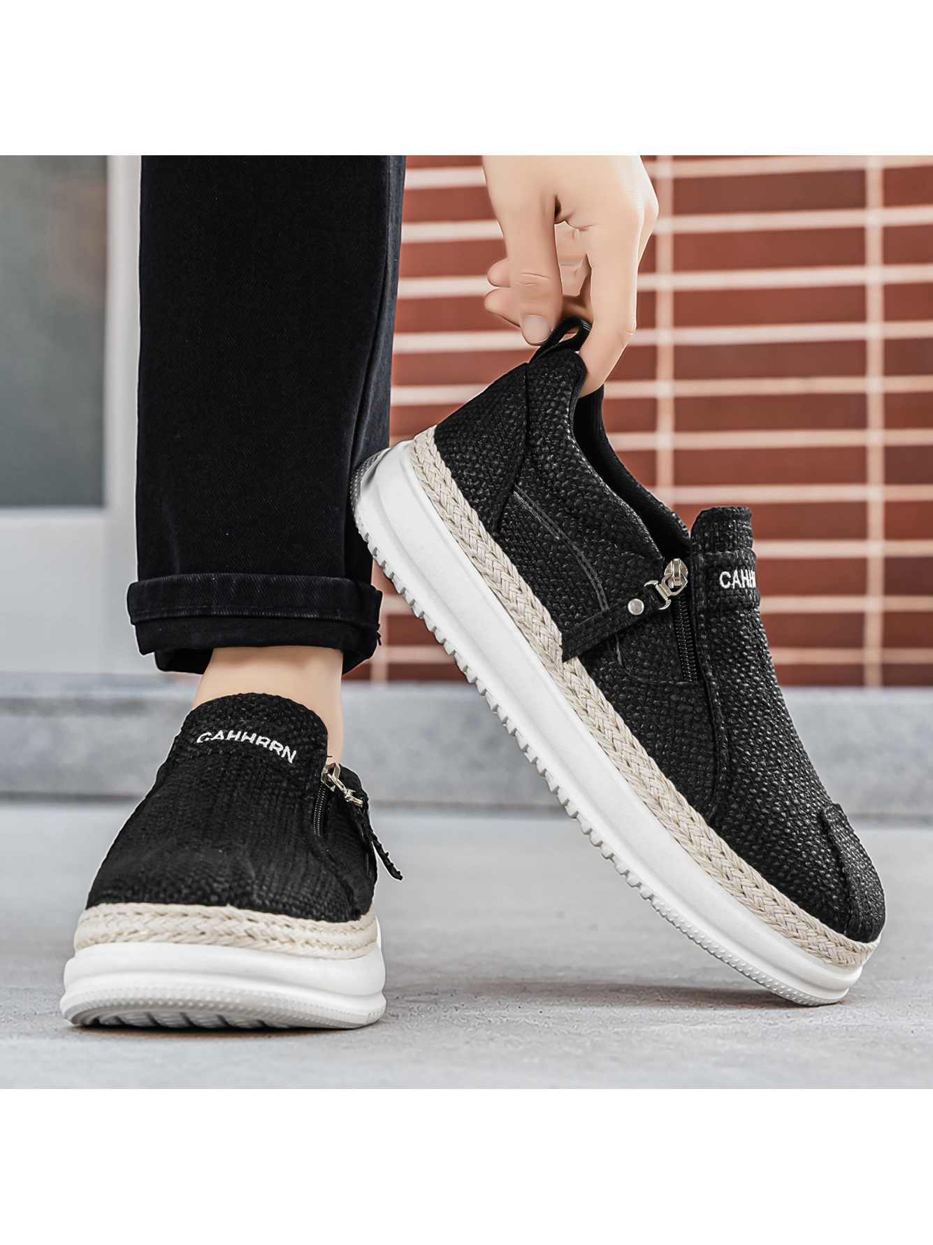 Black Slip-On Casual Shoes with Braided Espadrille Trim