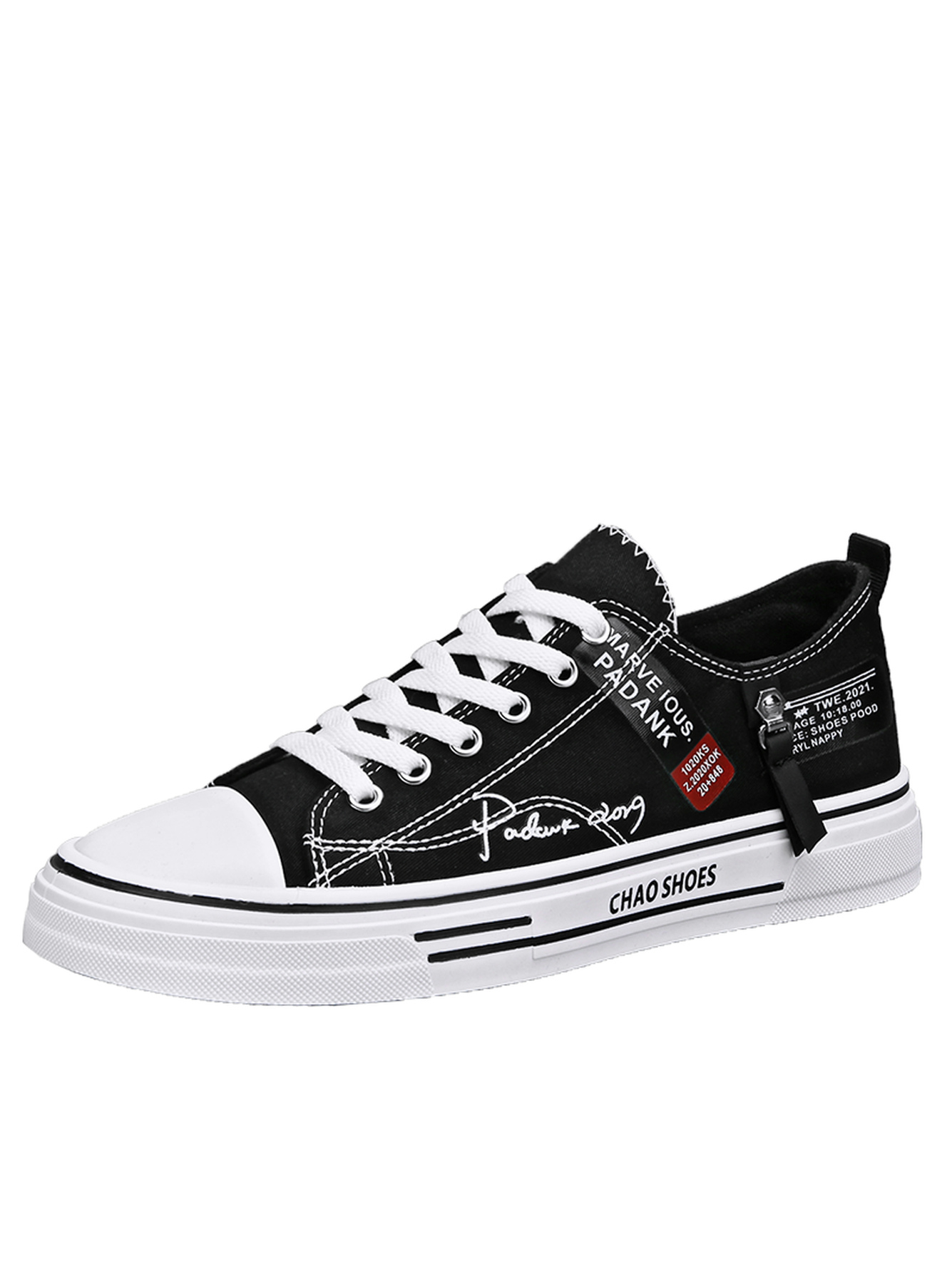 Black Lace-Up Embroidered Canvas Casual Shoes