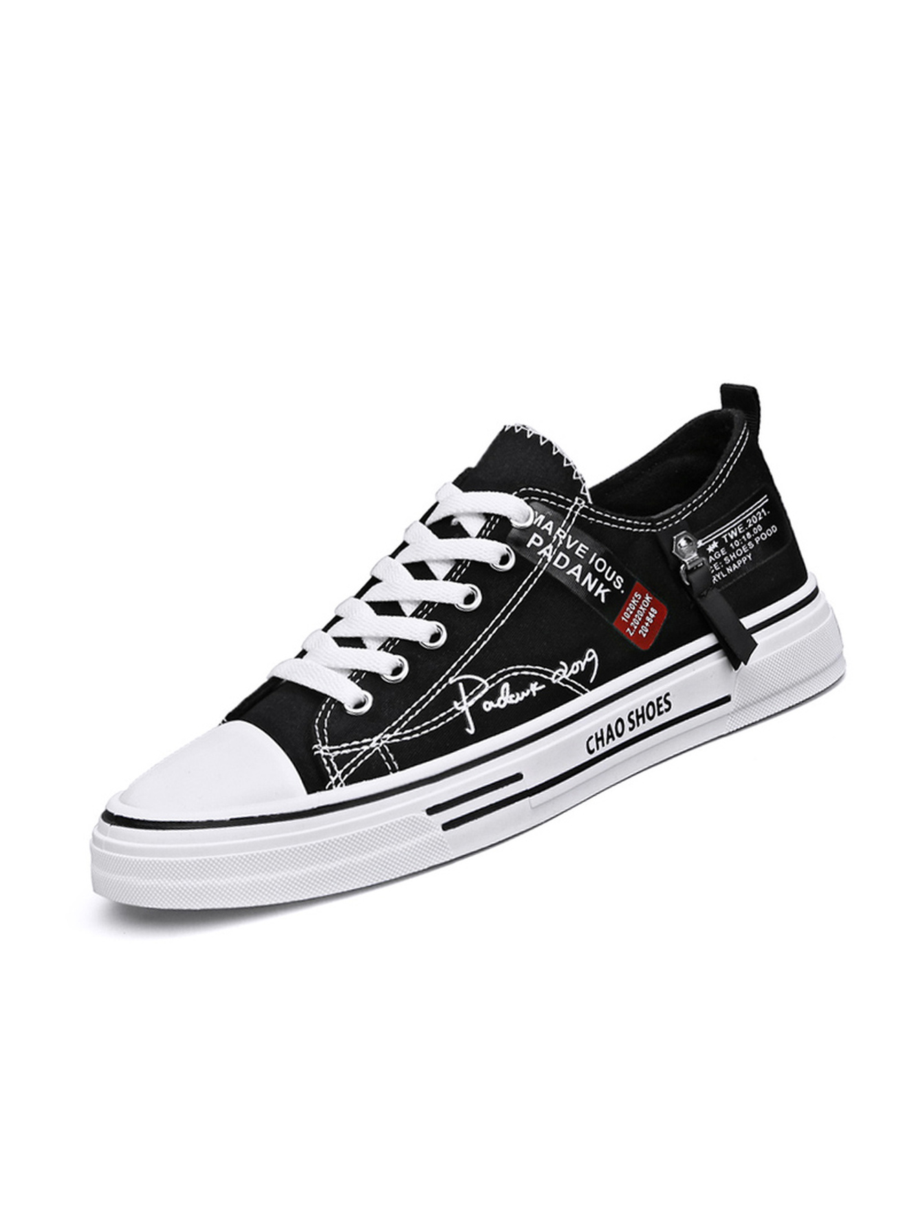 Black Lace-Up Embroidered Canvas Casual Shoes