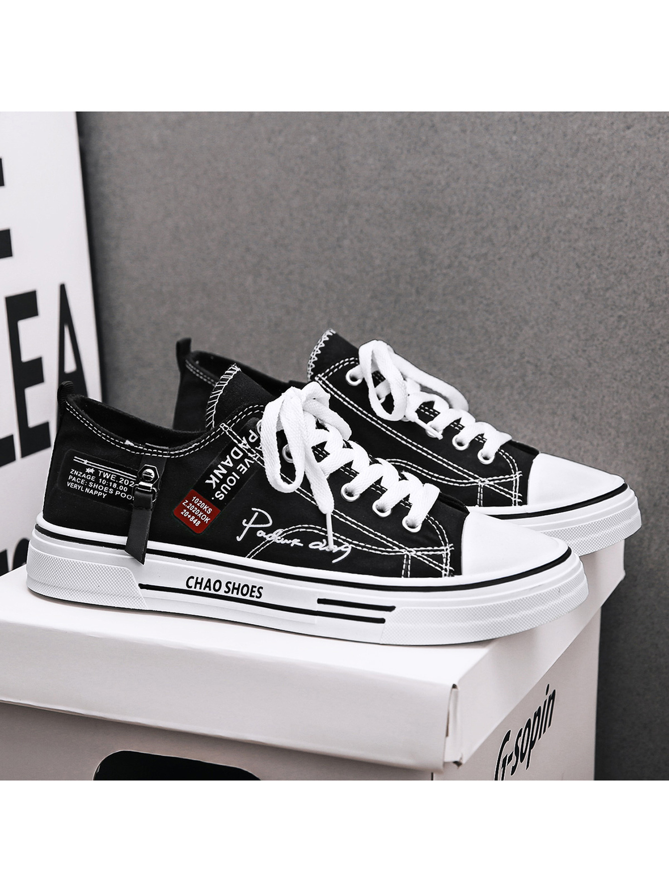 Black Lace-Up Embroidered Canvas Casual Shoes