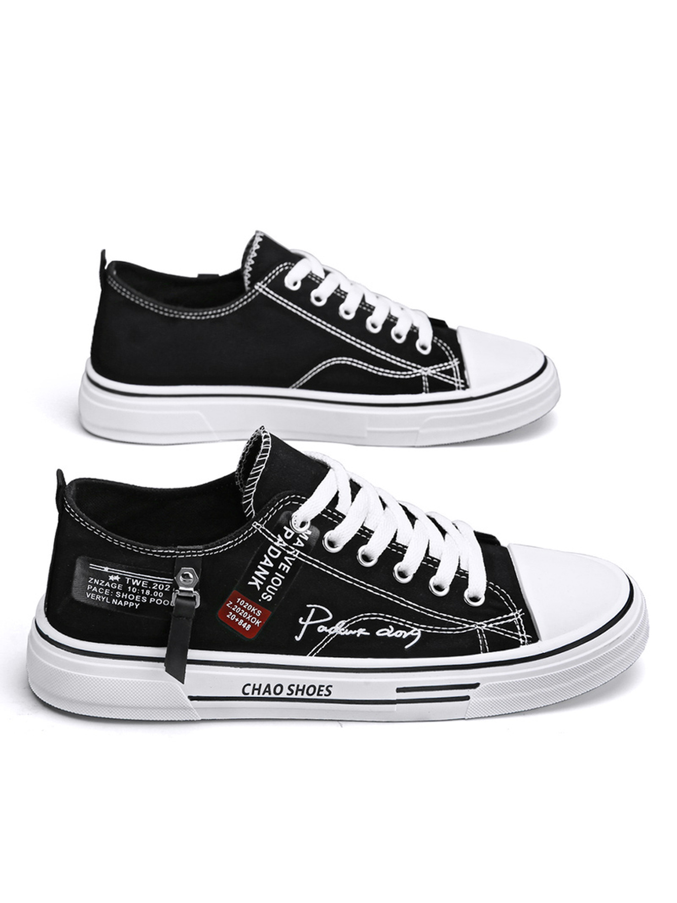 Black Lace-Up Embroidered Canvas Casual Shoes