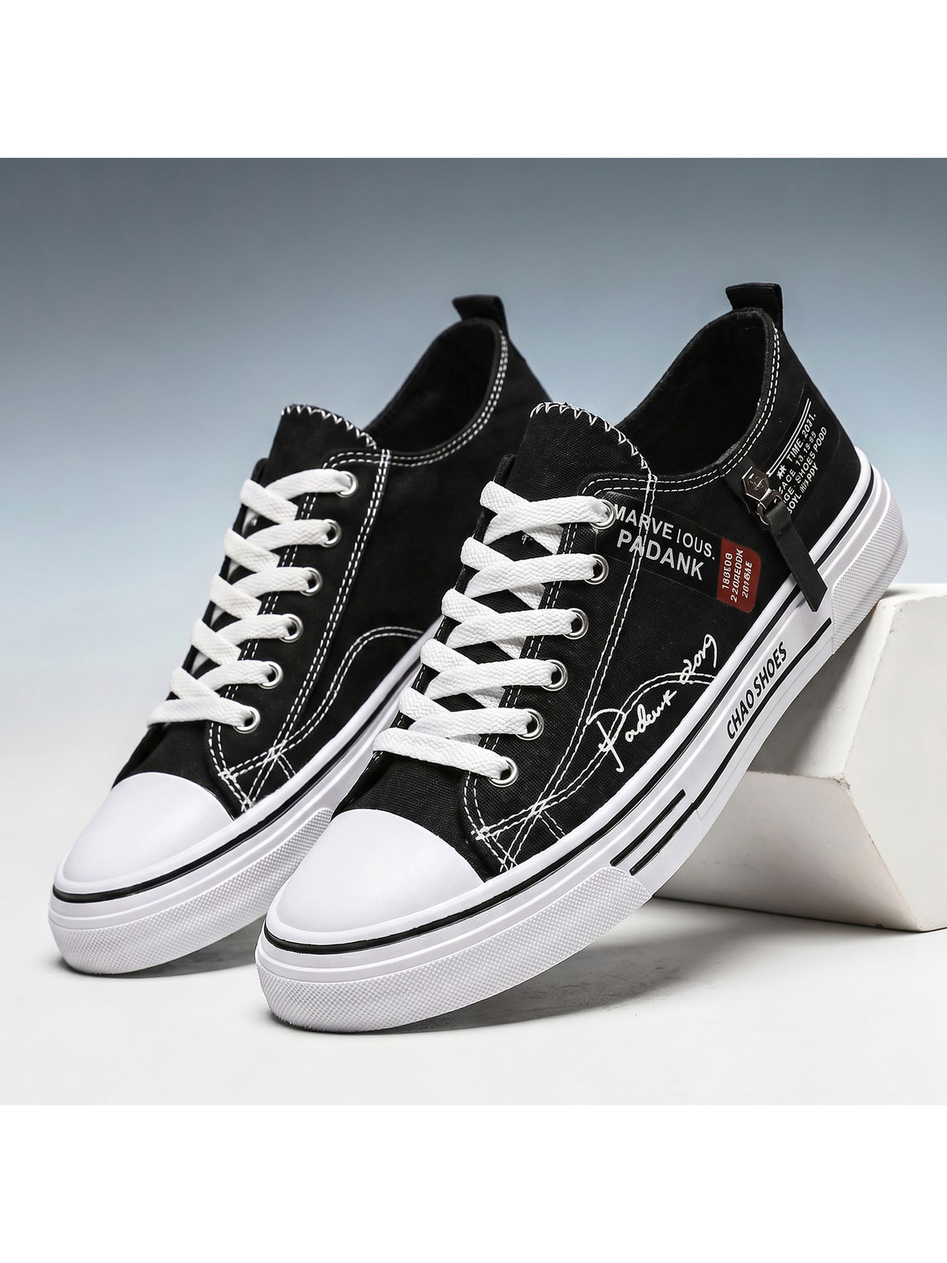 Black Lace-Up Embroidered Canvas Casual Shoes