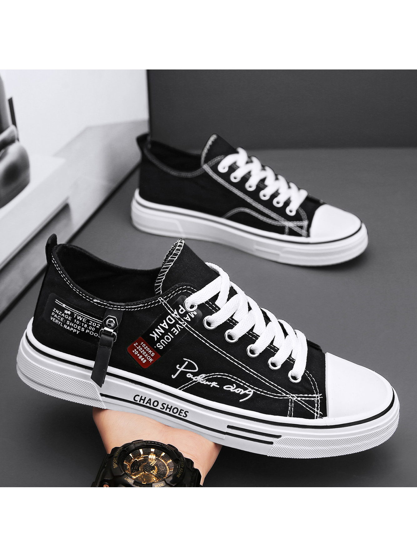 Black Lace-Up Embroidered Canvas Casual Shoes