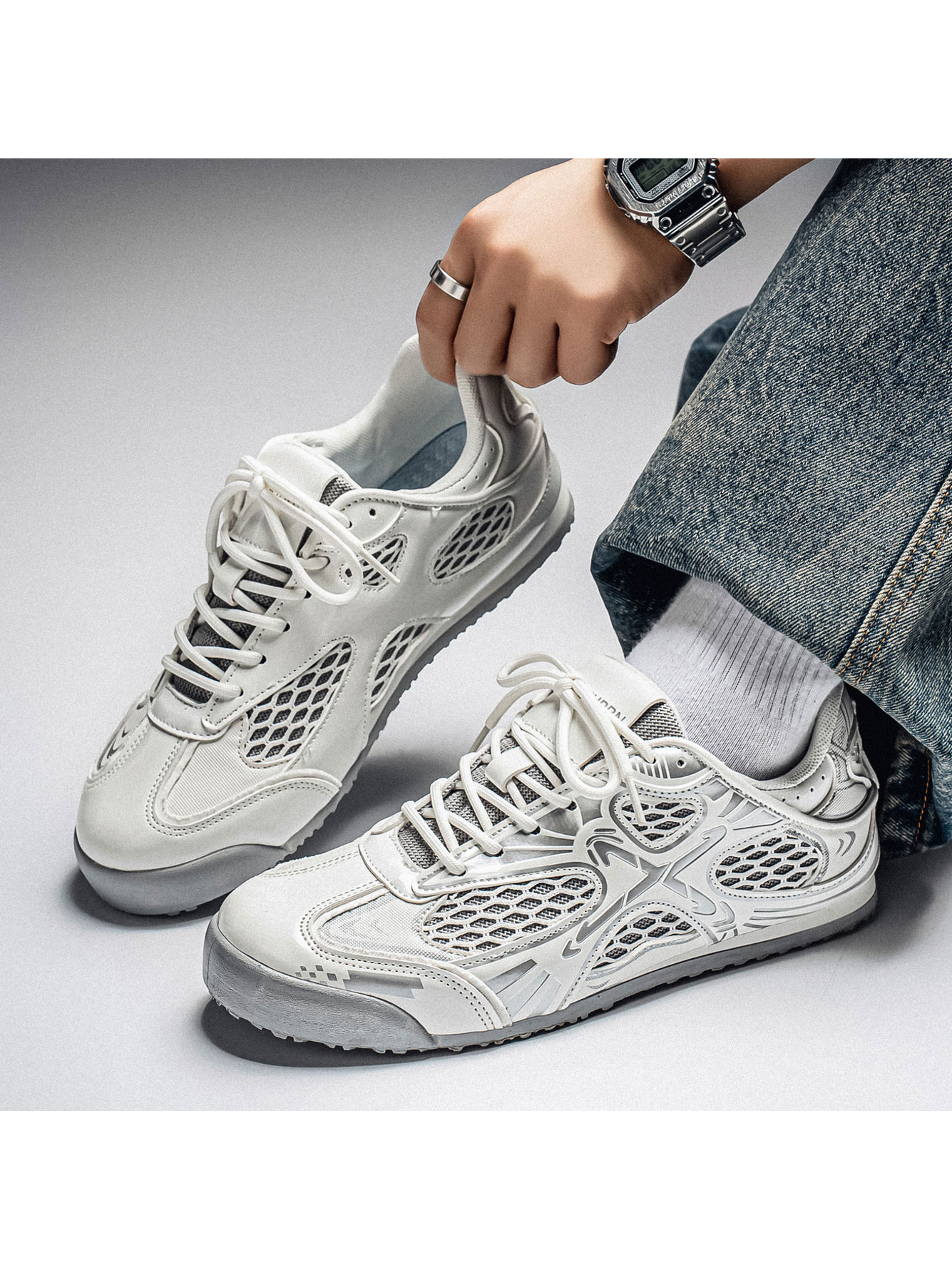 White Mesh Lace-Up Sneakers