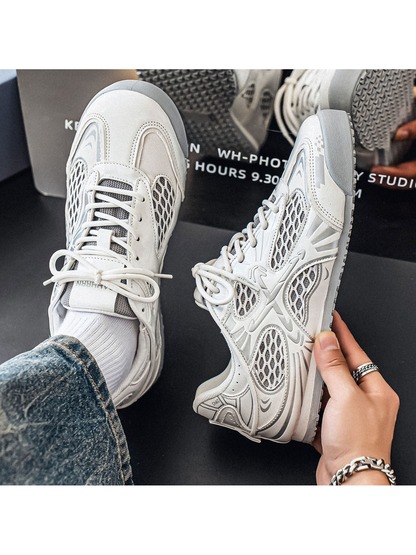 White Mesh Lace-Up Sneakers