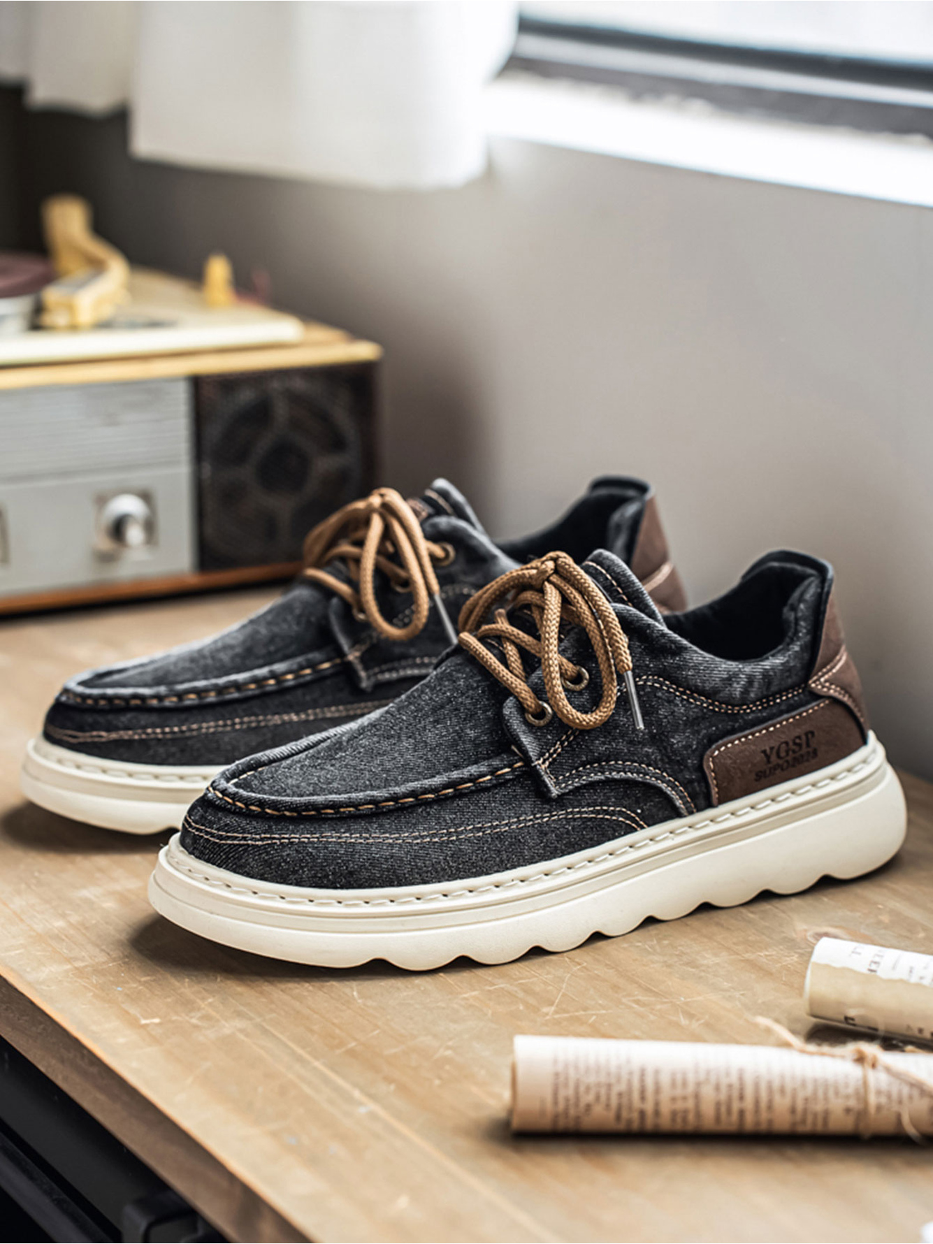 Beige Denim Lace-Up Casual Sneakers