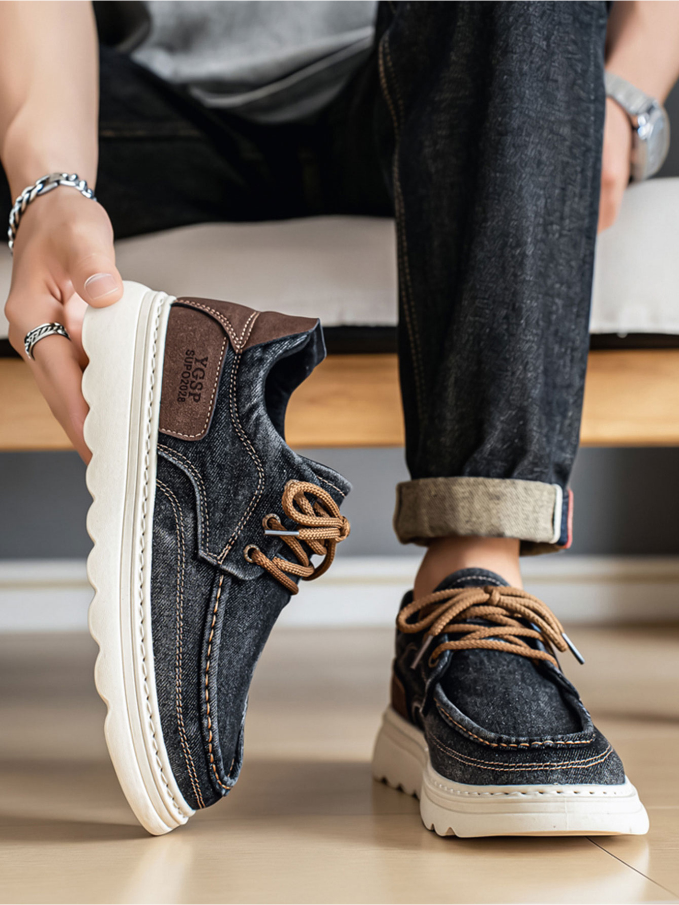 Beige Denim Lace-Up Casual Sneakers