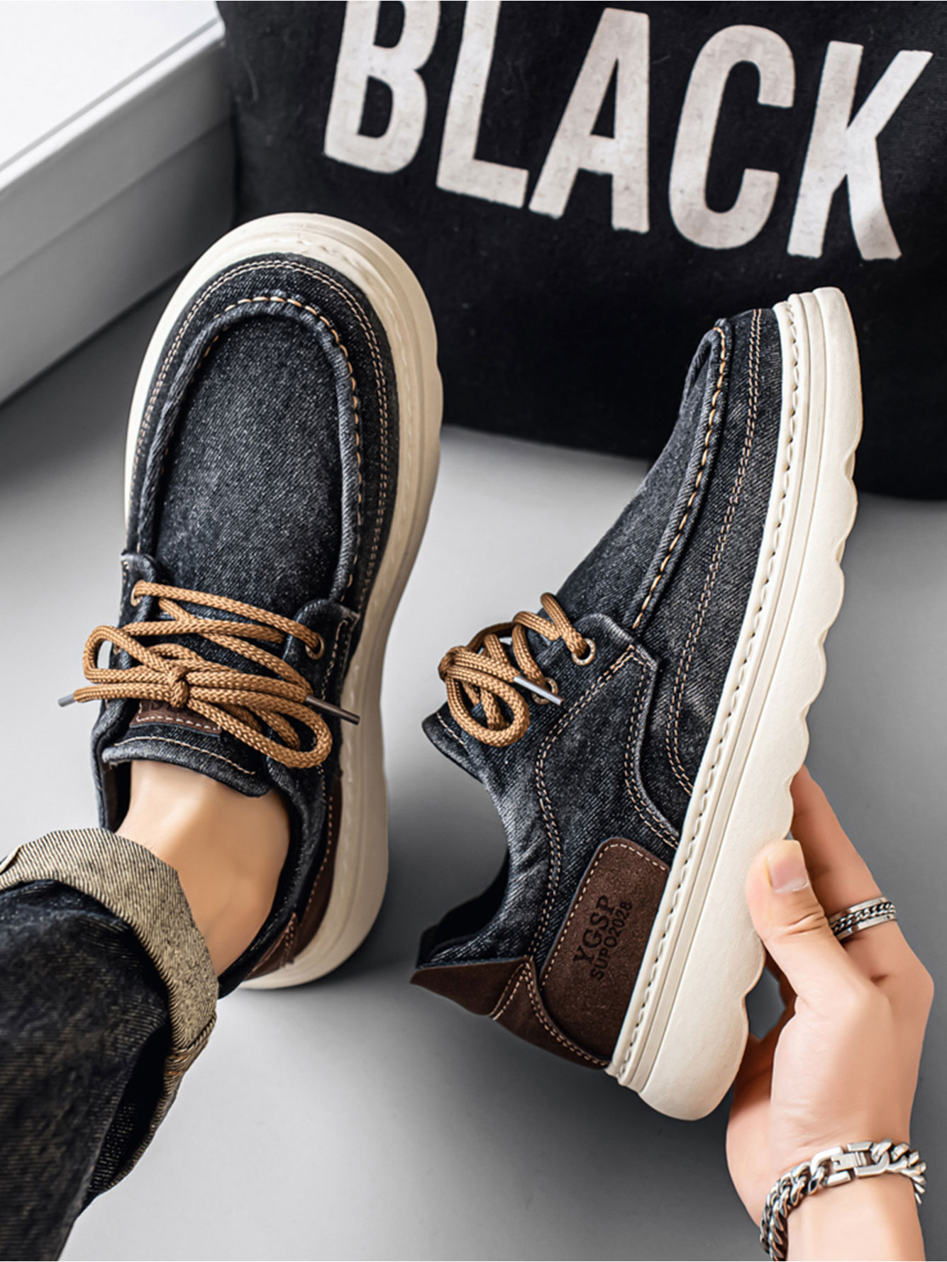 Beige Denim Lace-Up Casual Sneakers