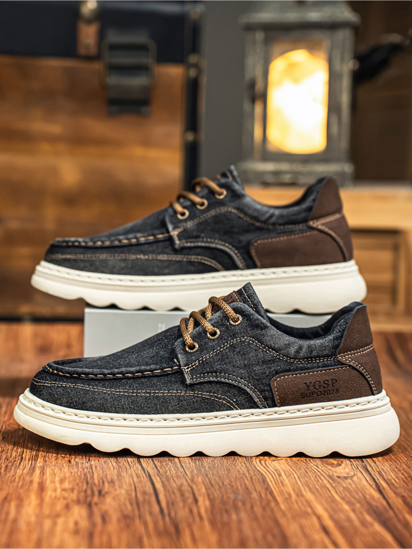 Beige Denim Lace-Up Casual Sneakers