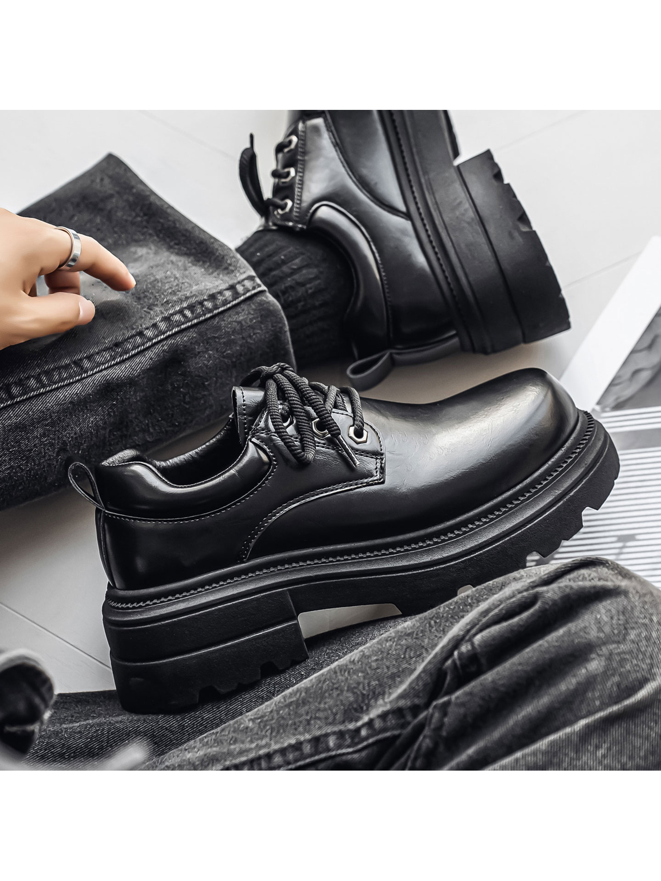 Black Lace-Up Casual Derby Shoes - Chunky Sole