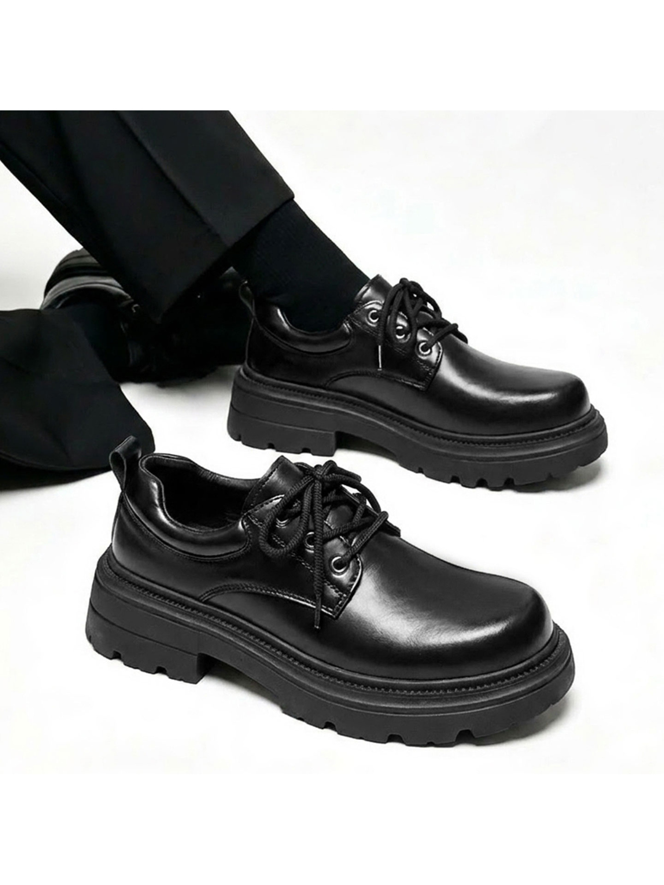 Black Lace-Up Casual Derby Shoes - Chunky Sole
