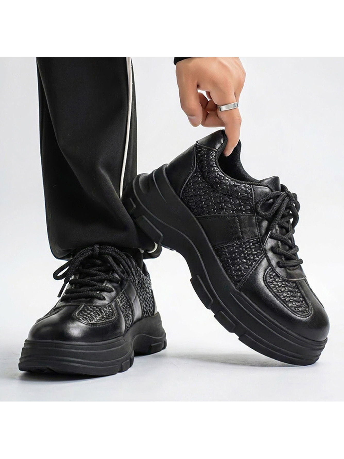 Black Woven Texture Chunky Casual Sneakers