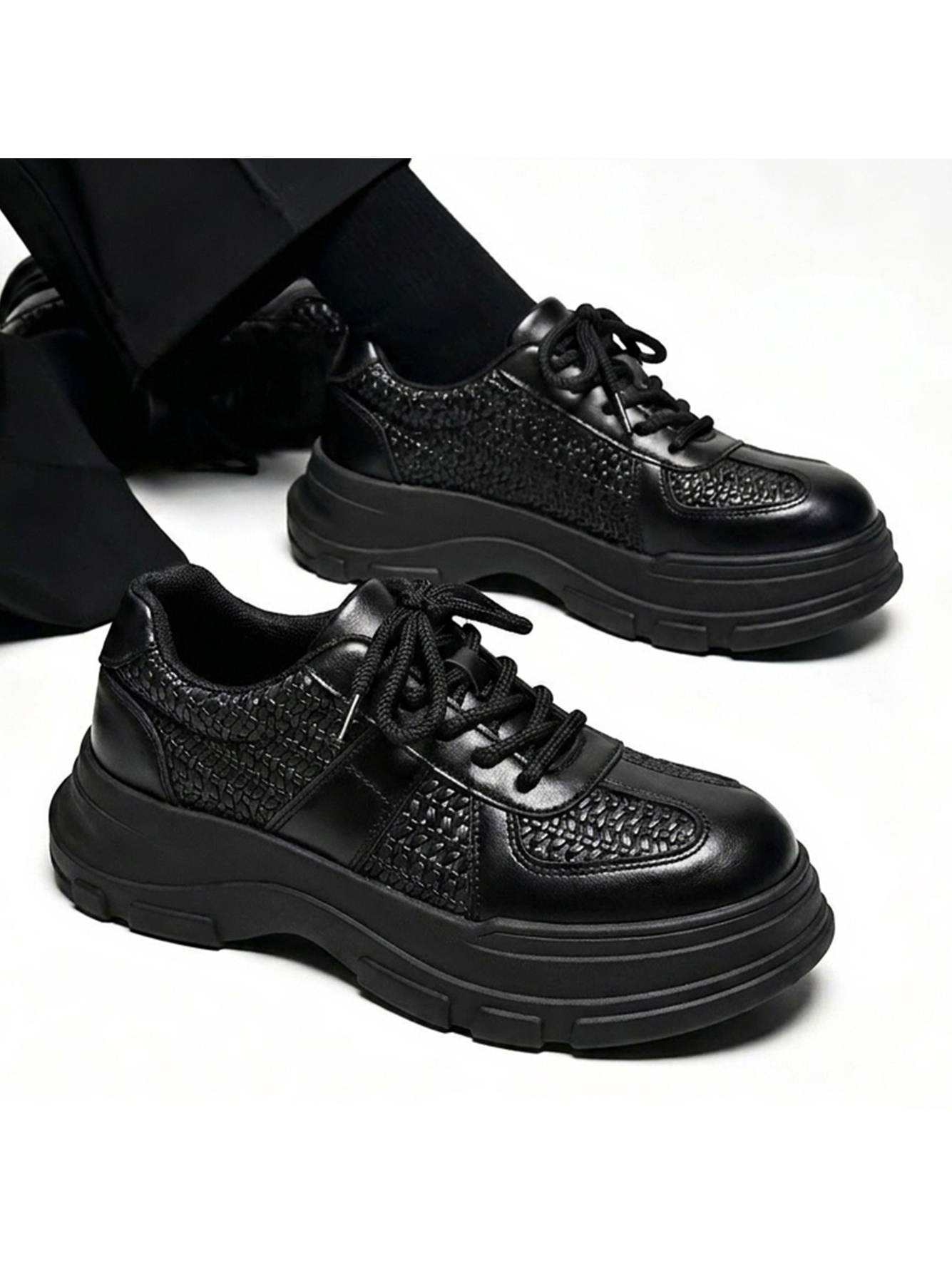 Black Woven Texture Chunky Casual Sneakers