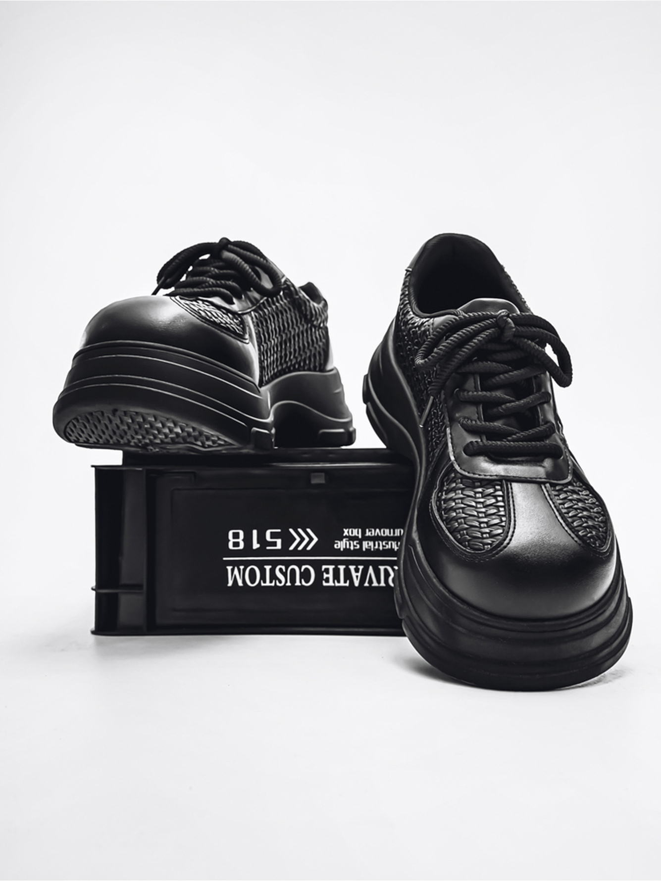 Black Woven Texture Chunky Casual Sneakers
