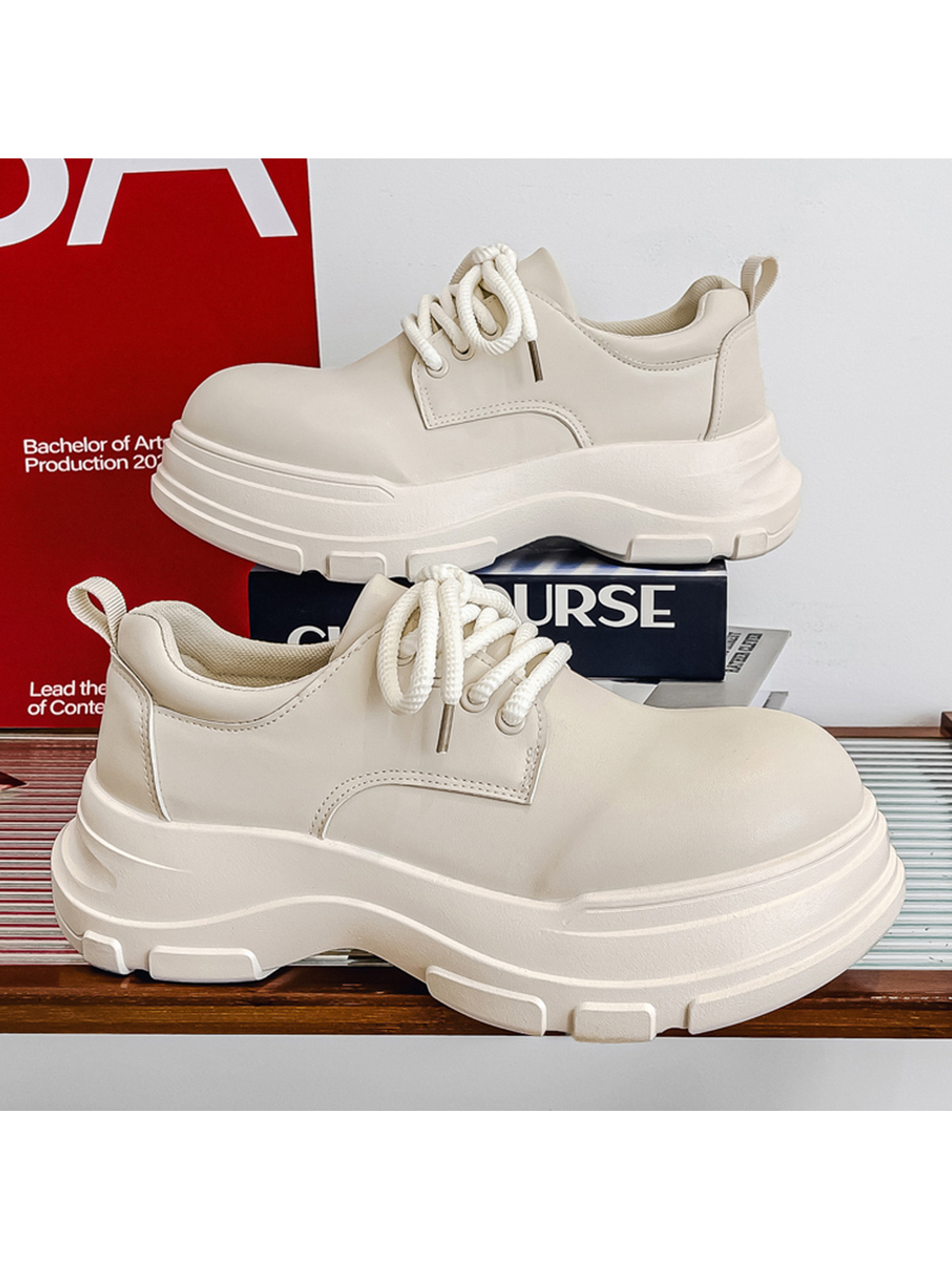 Beige Chunky Sole Lace-Up Casual Shoes