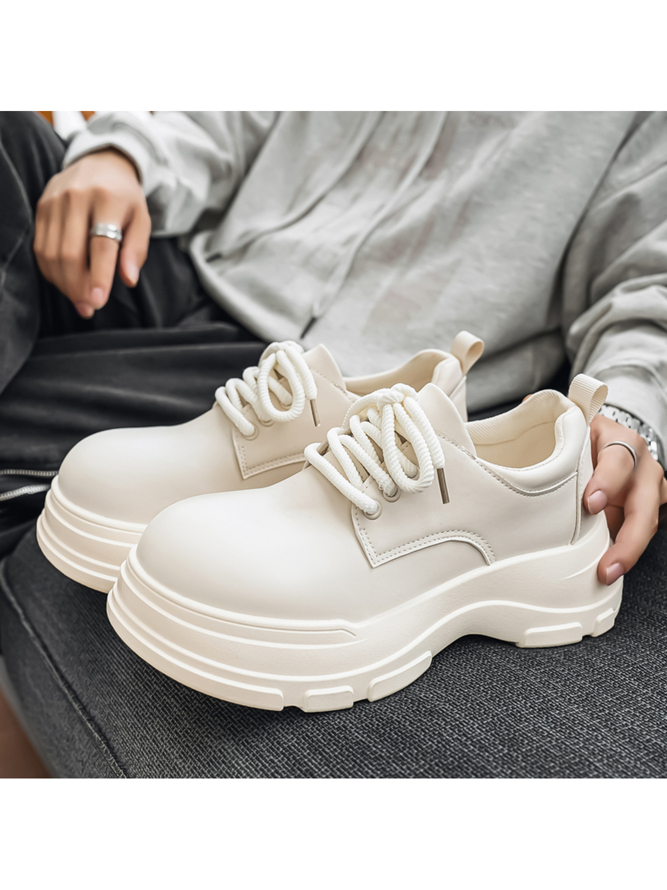 Beige Chunky Sole Lace-Up Casual Shoes
