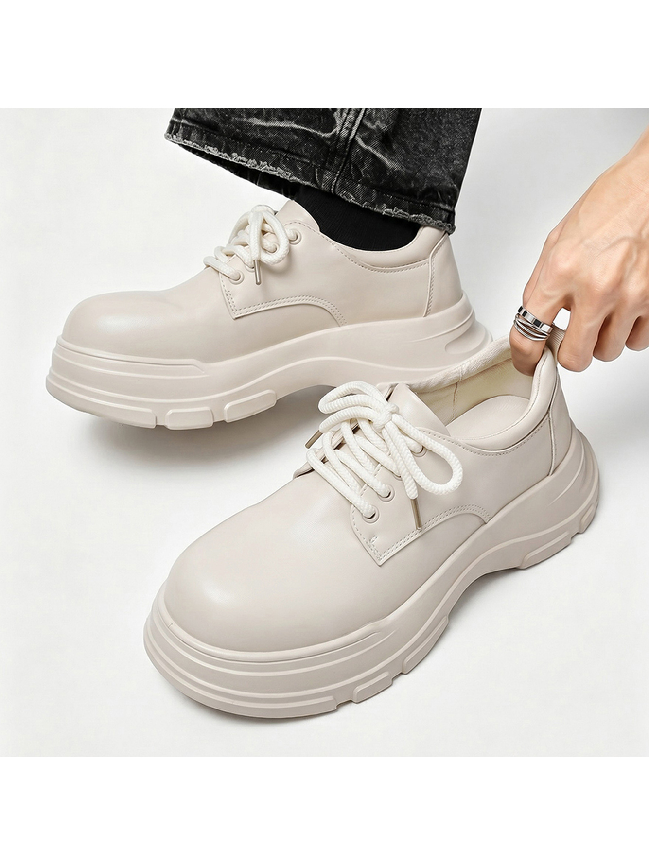 Beige Chunky Sole Lace-Up Casual Shoes