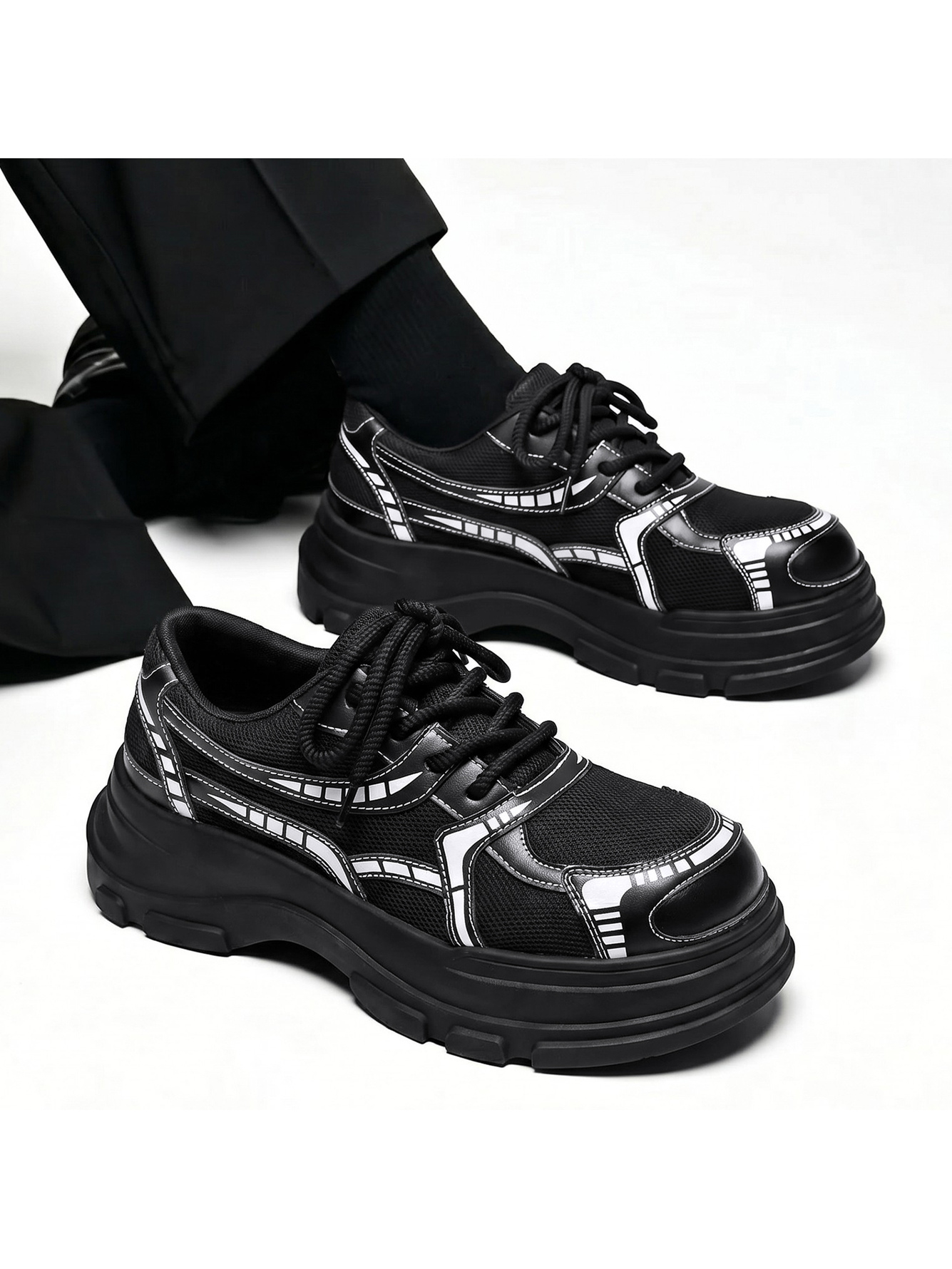 Black Mesh Casual Trainers - Chunky Sole Design