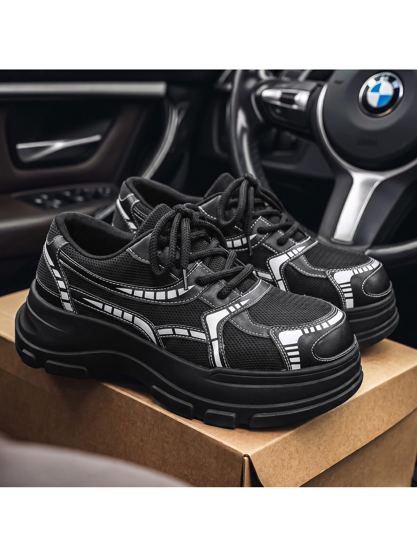 Black Mesh Casual Trainers - Chunky Sole Design