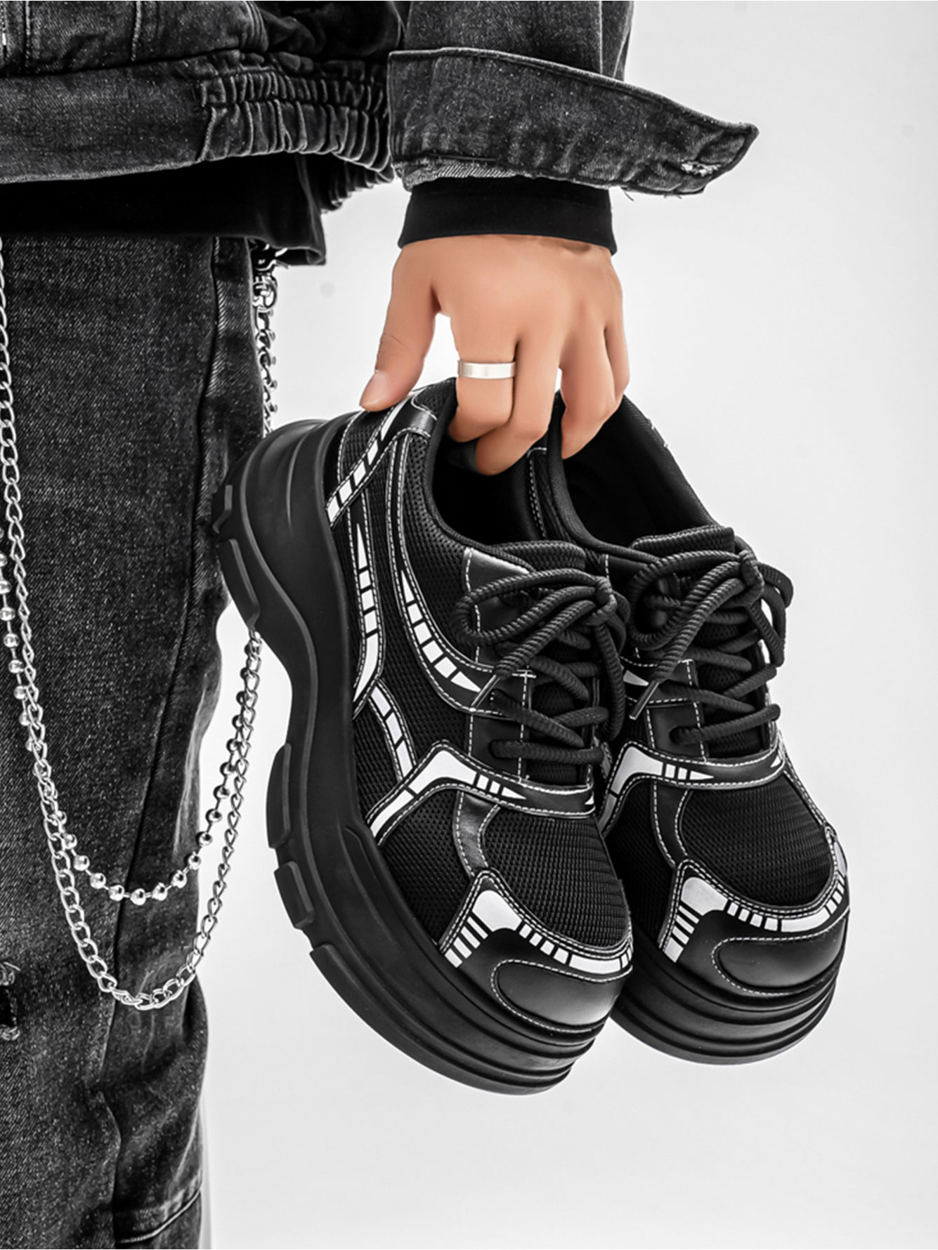 Black Mesh Casual Trainers - Chunky Sole Design