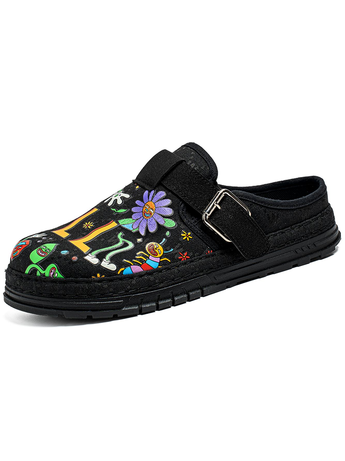 Black Loafers with Vibrant Cartoon Print - Casual Slip-On Moccasins