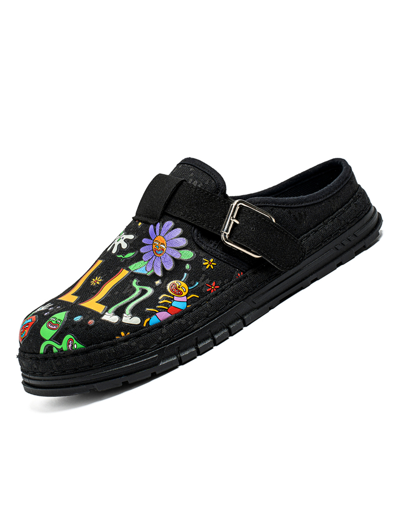 Black Loafers with Vibrant Cartoon Print - Casual Slip-On Moccasins