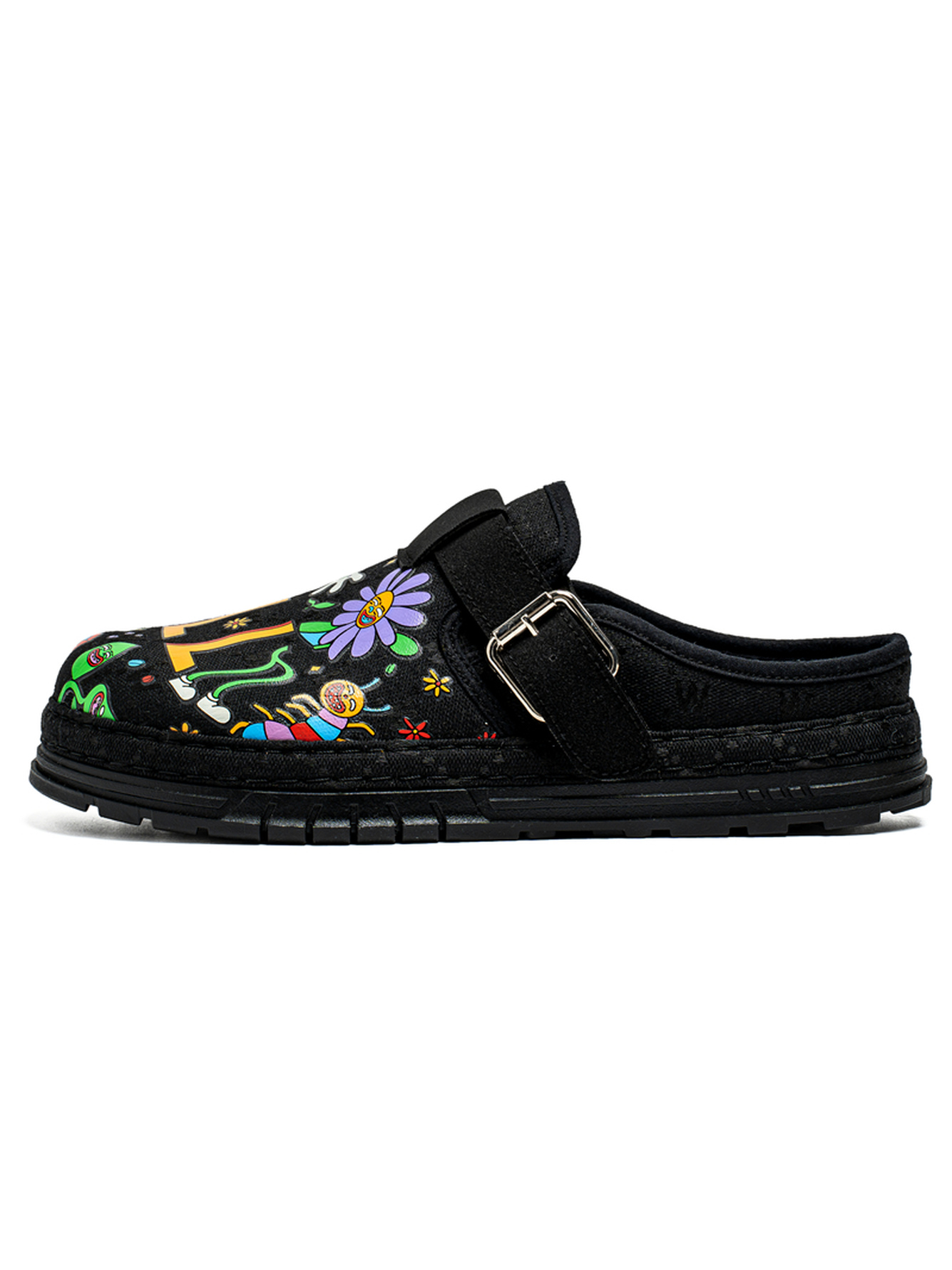 Black Loafers with Vibrant Cartoon Print - Casual Slip-On Moccasins