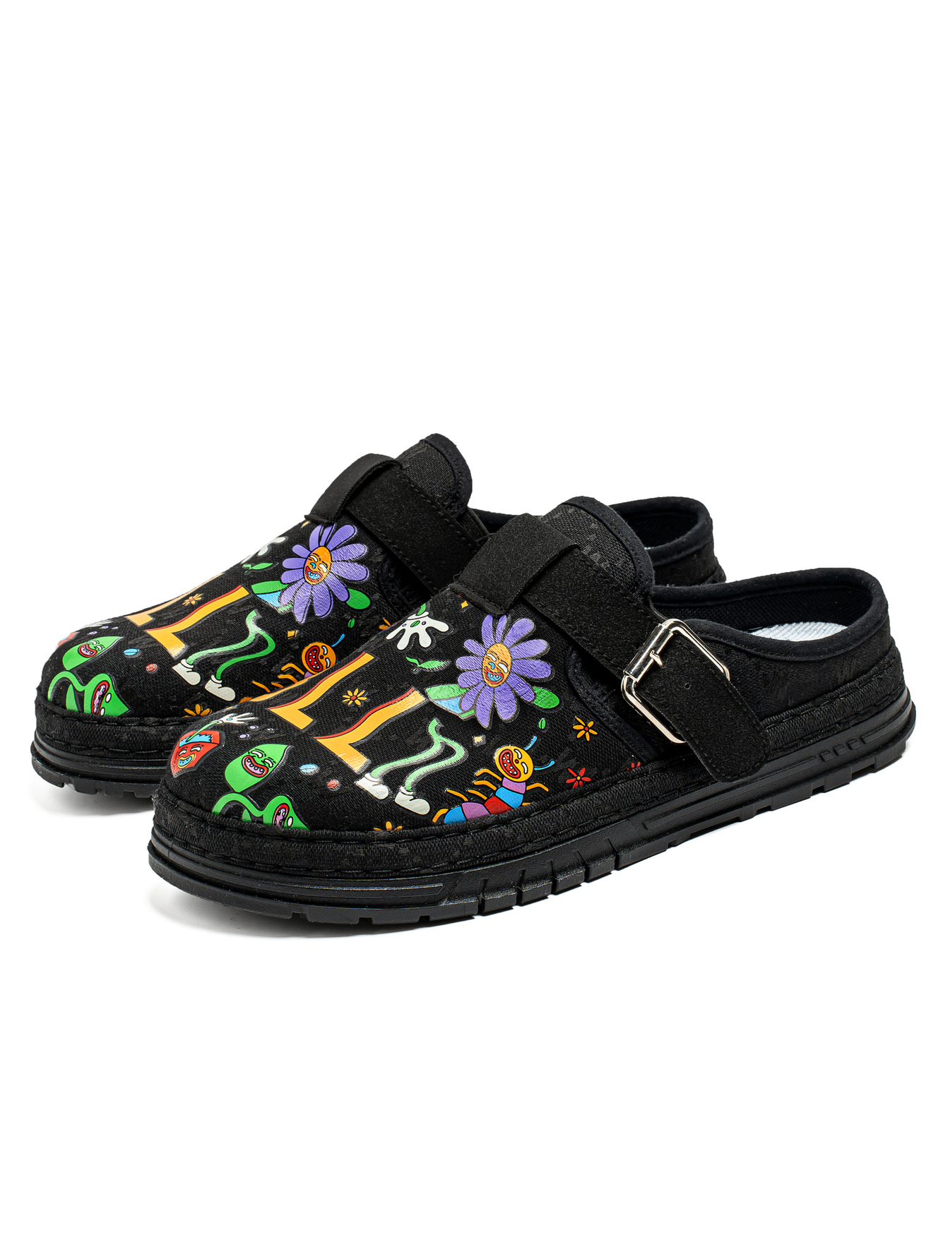 Black Loafers with Vibrant Cartoon Print - Casual Slip-On Moccasins