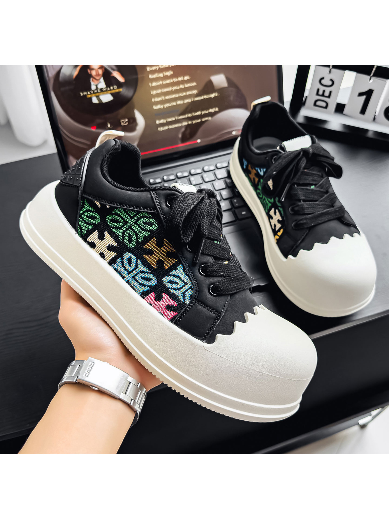 Multi-Color Patterned Casual Sneakers with Rubber Toe Cap