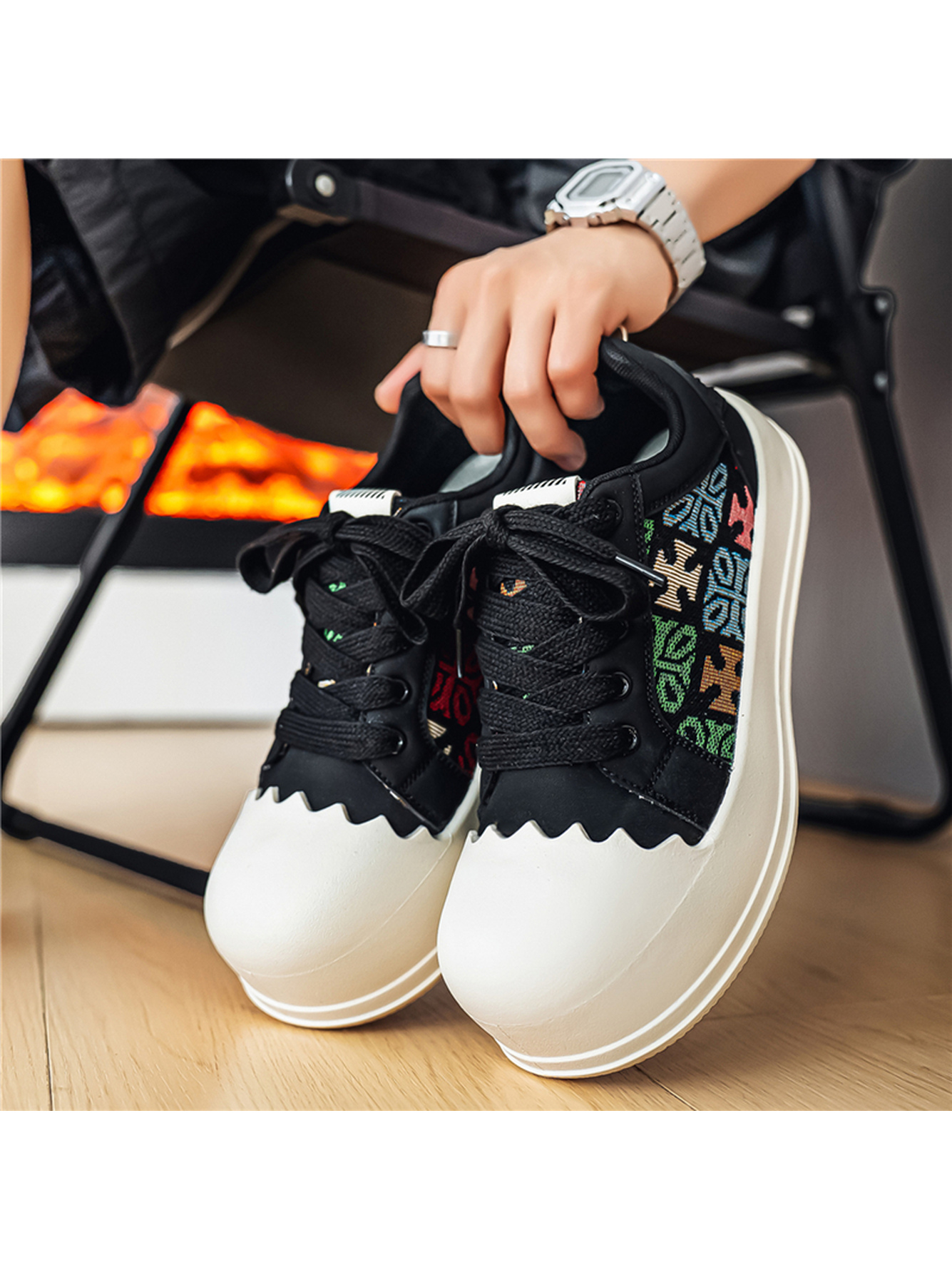 Multi-Color Patterned Casual Sneakers with Rubber Toe Cap